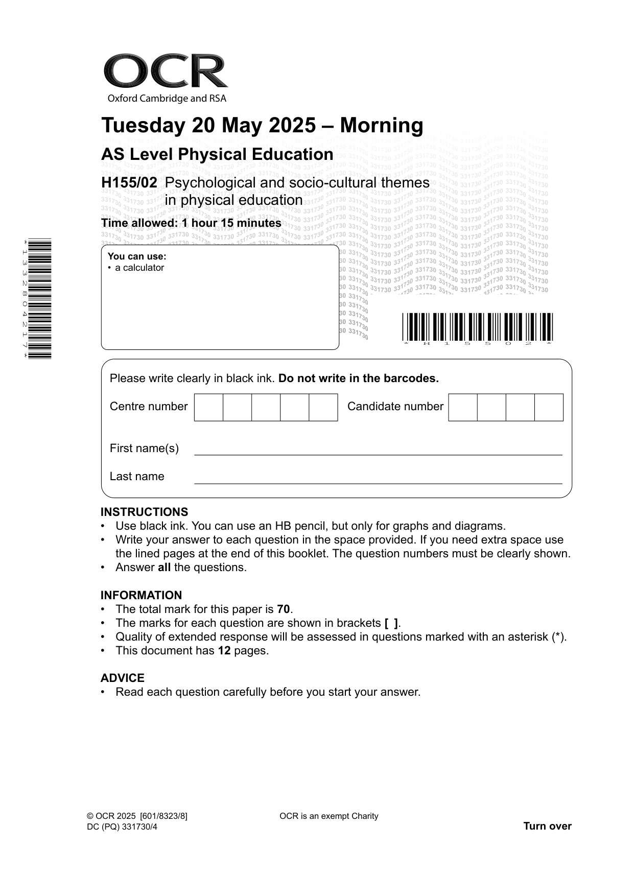 OCR AS Physical Education Paper 2 2025 Question Paper Guide