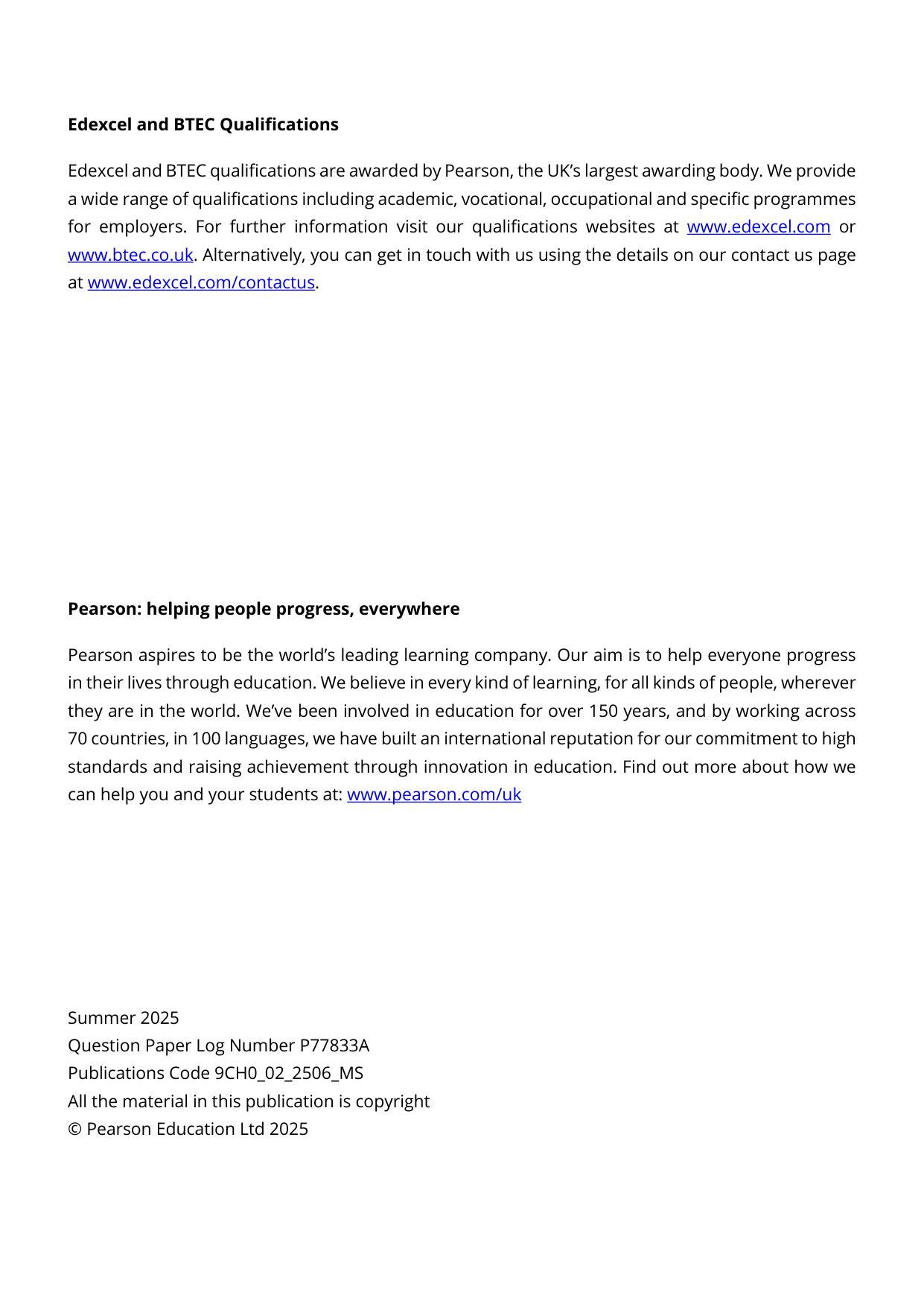 Pearson Edexcel A Level Chemistry Paper 2 2025 Mark scheme