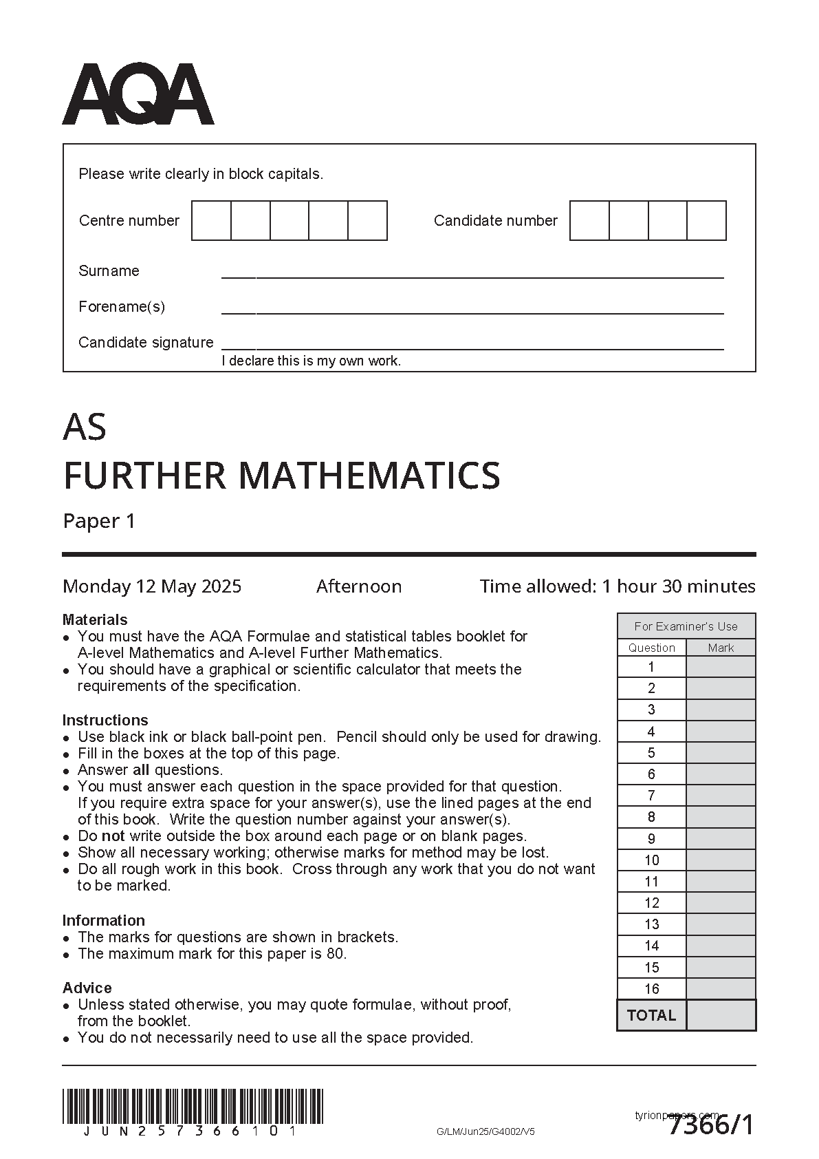 AQA AS Further Mathematics Paper 1 7366/1 2025 QP IMG-1