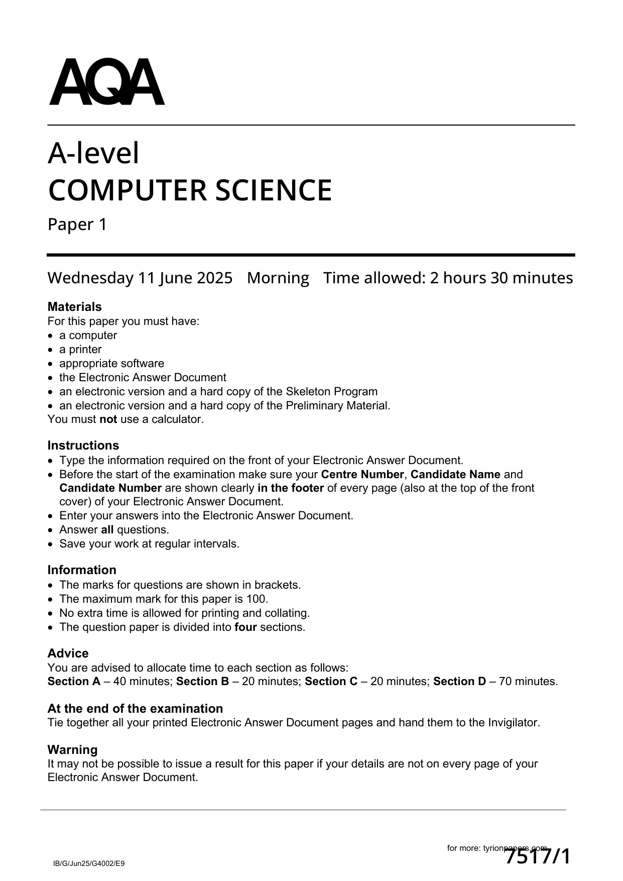 AQA A Level Computer Science  Paper 1 2025 QP