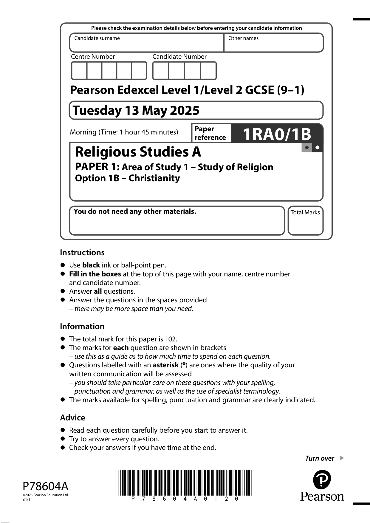 Pearson Edexcel GCSE Religious Studies Paper 1B 2025 QP