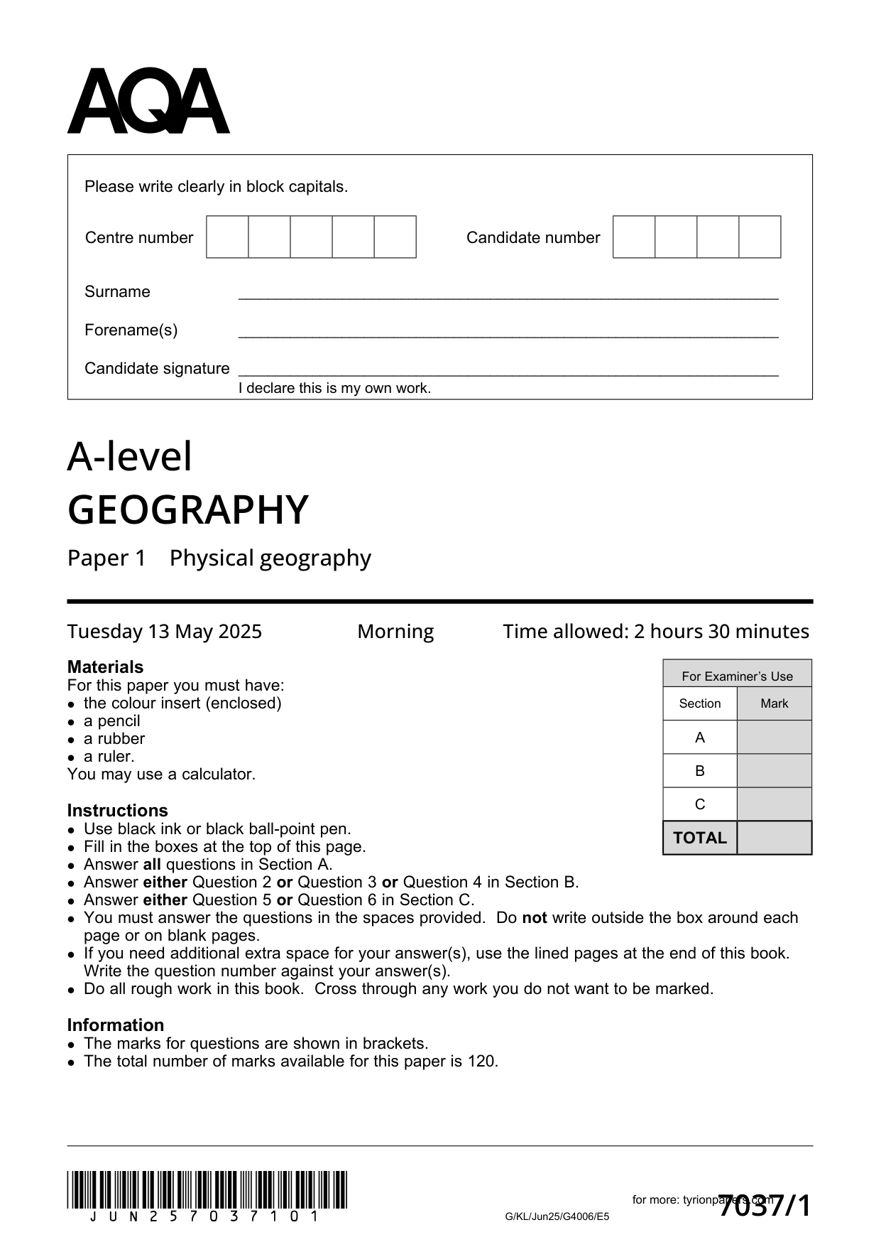 AQA A Level Geography Paper 1 2025 Physical Geography QP
