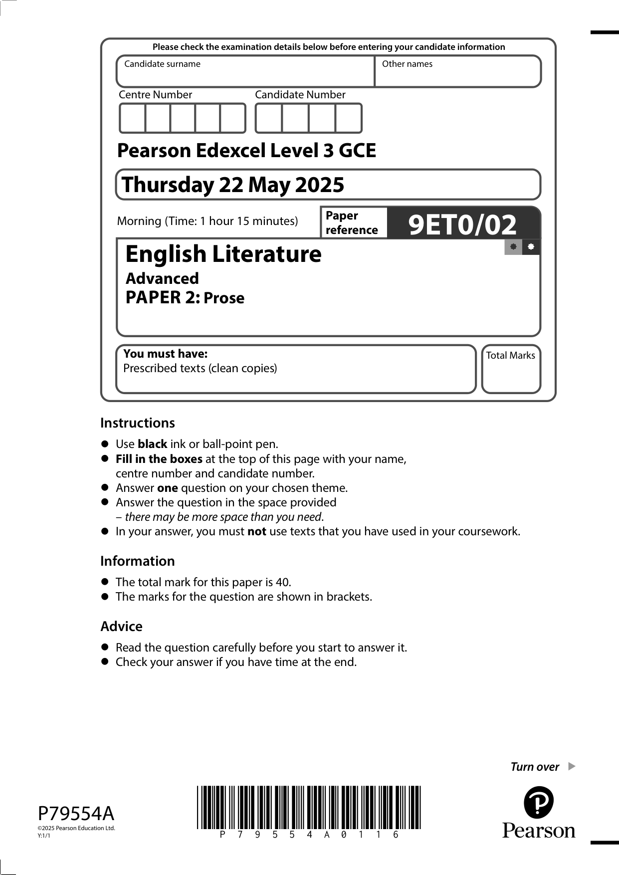 Pearson Edexcel A Level English Literature 2025 Paper 2 QP
