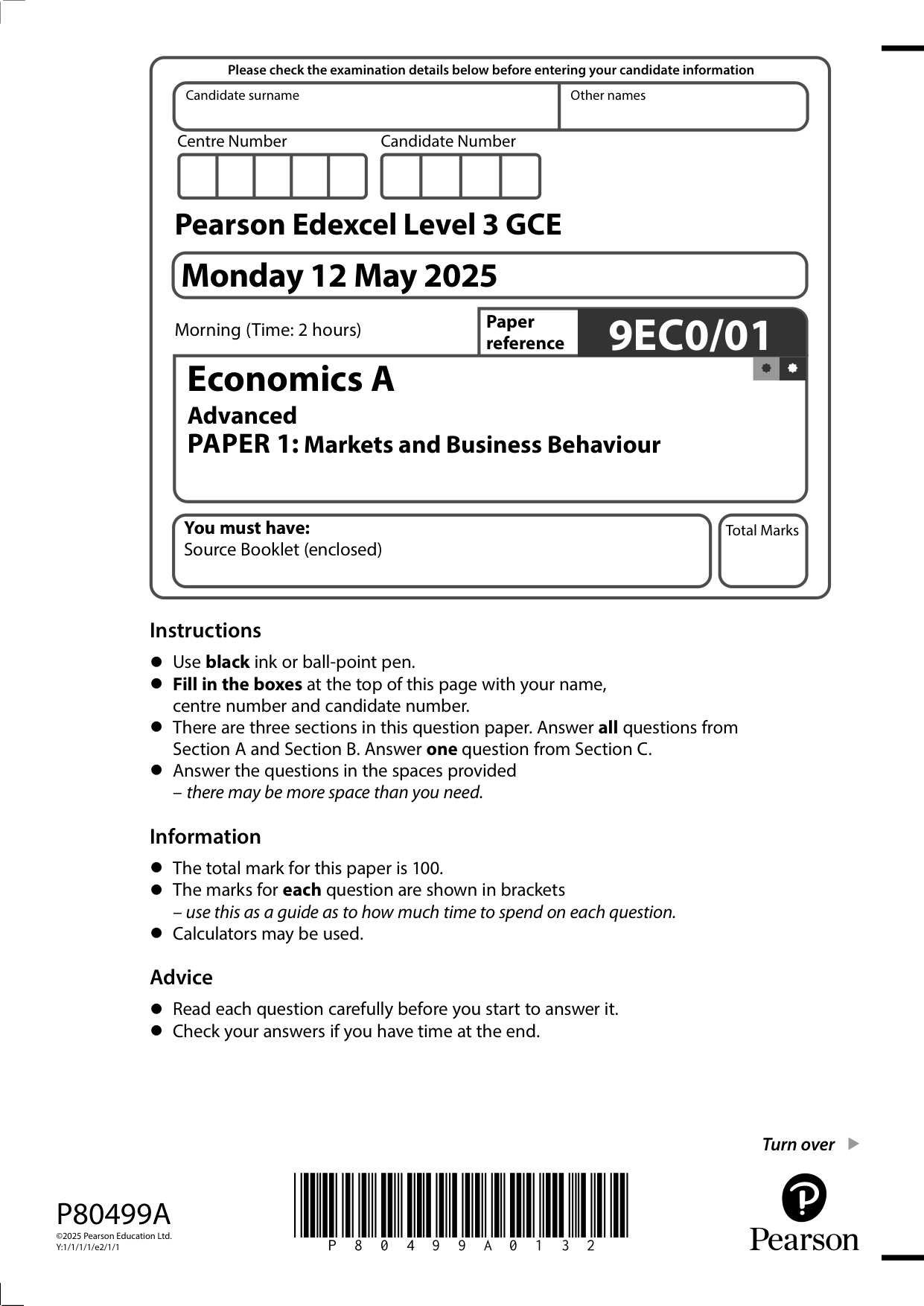 Pearson Edexcel A Level Economics A Paper 1 2025 QP