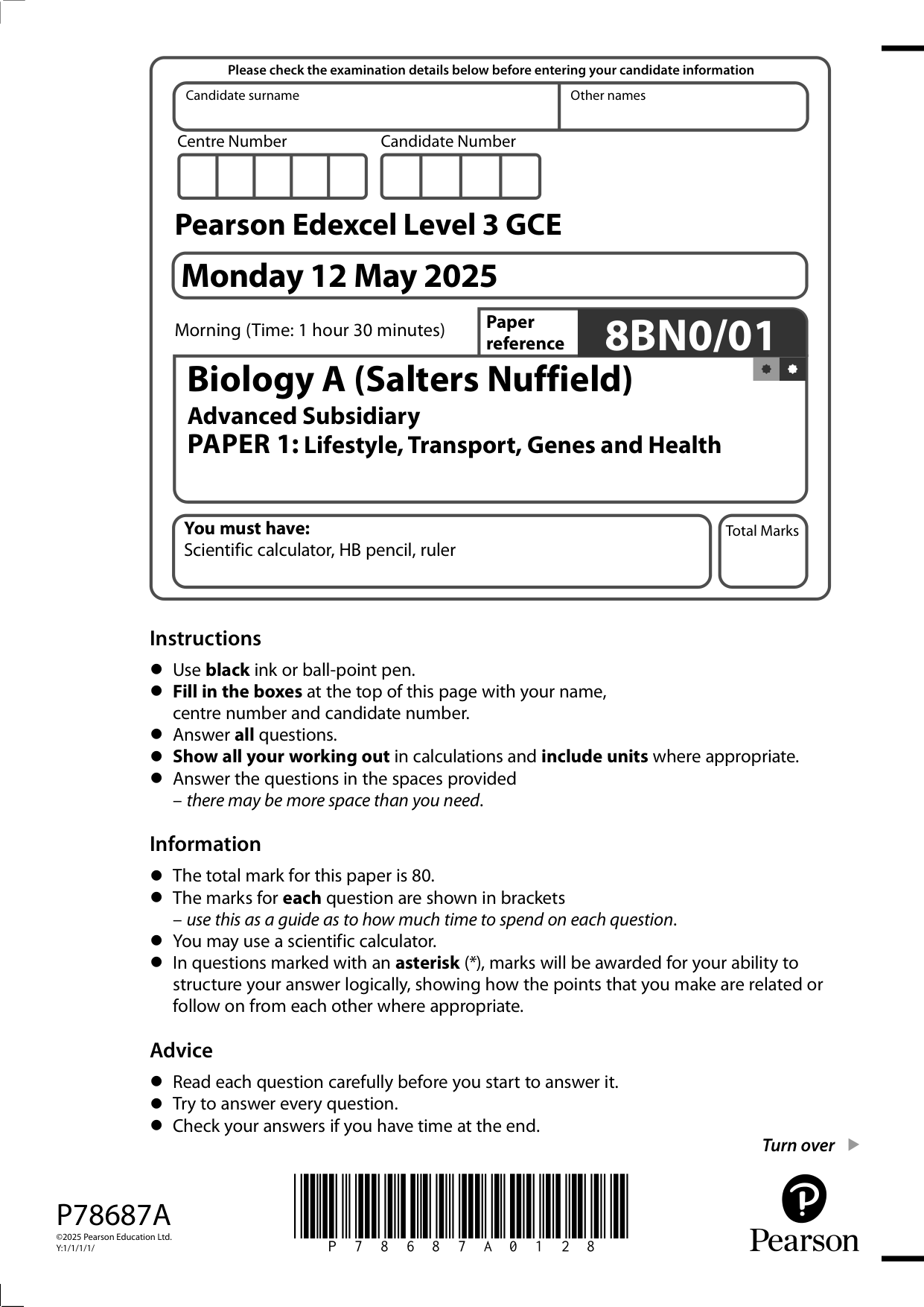 Pearson Edexcel AS Biology Paper 1 2025 Question Paper