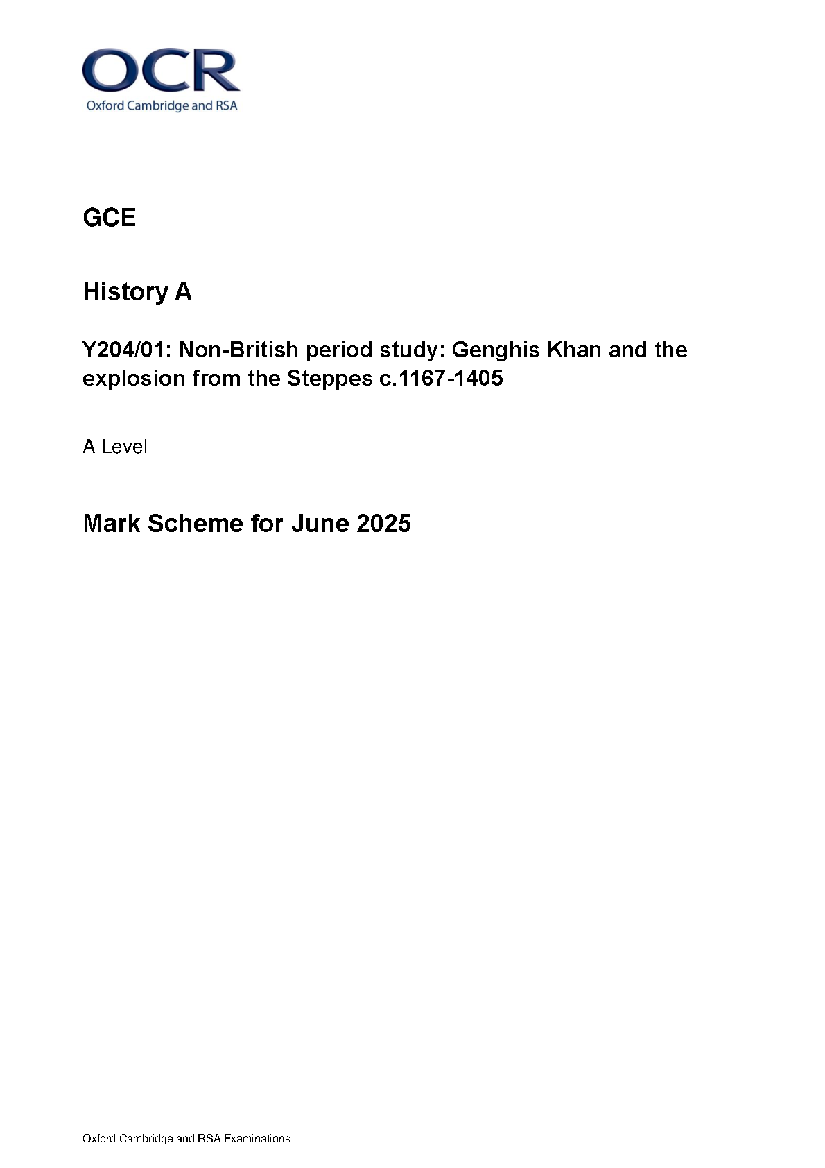 OCR A Level History A Genghis Khan 2025 Mark Scheme IMG-1