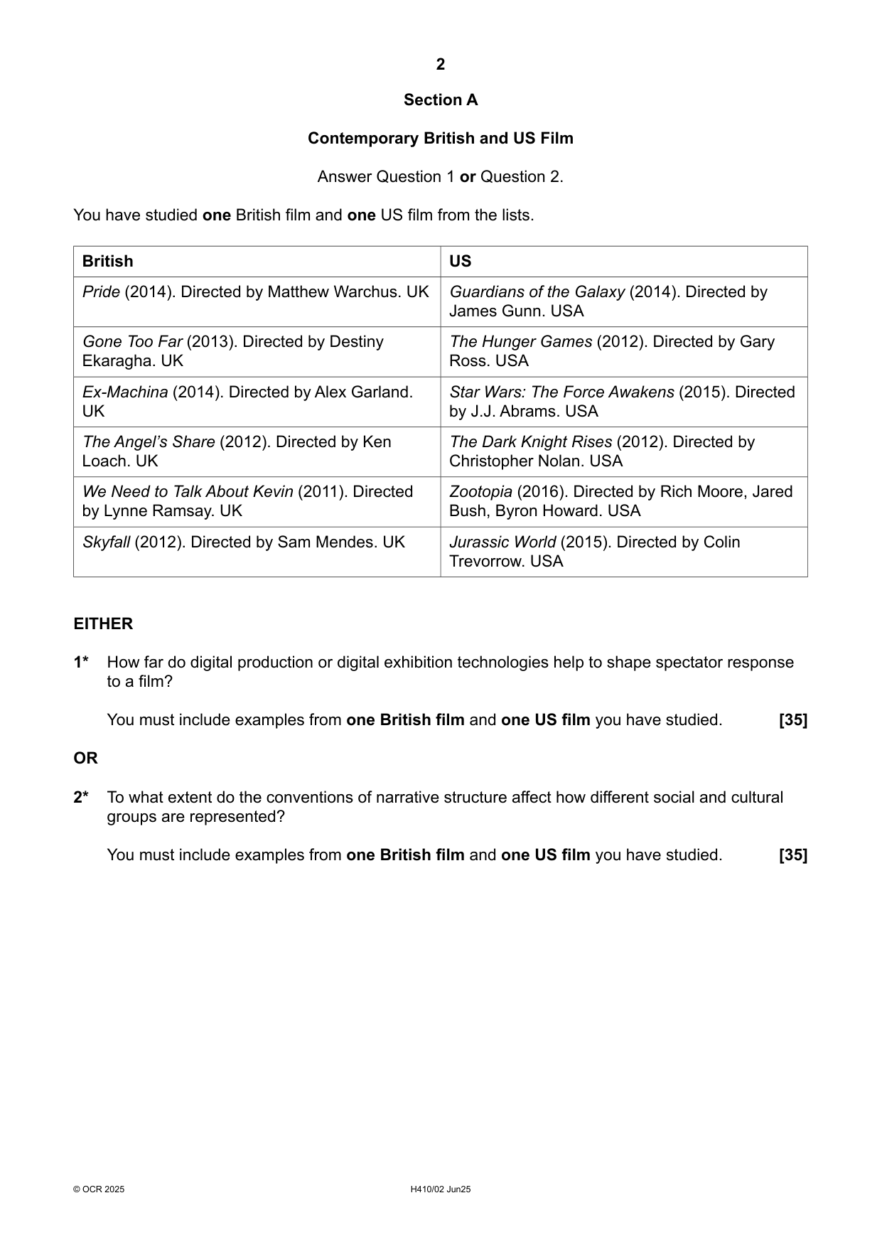 OCR A Level Film Studies Paper 2 2025 Question Paper