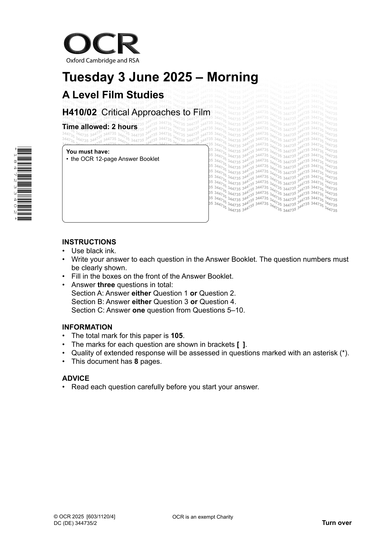 OCR A Level Film Studies Paper 2 2025 Question Paper