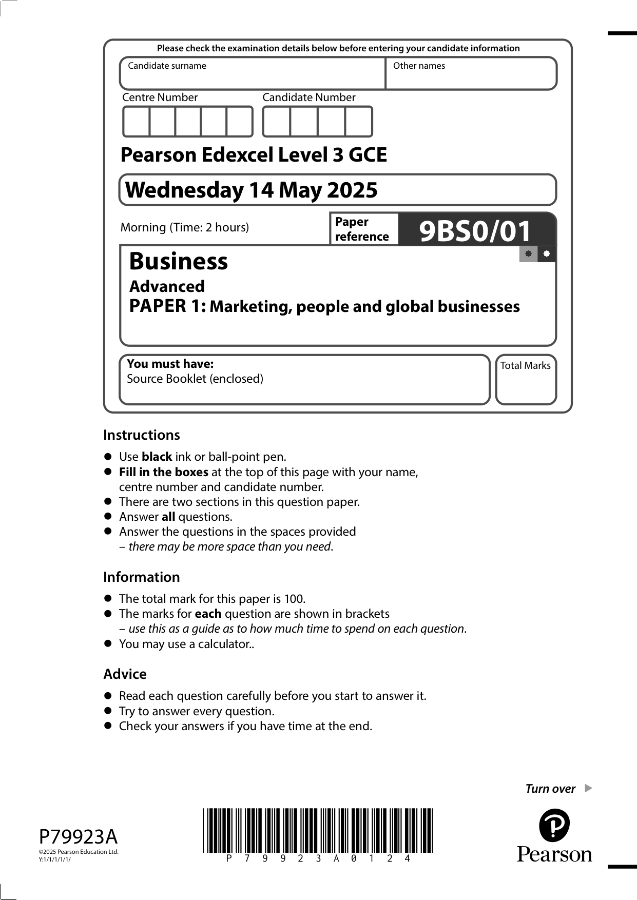 Pearson Edexcel A Level Business Paper 1 2025 Question paper