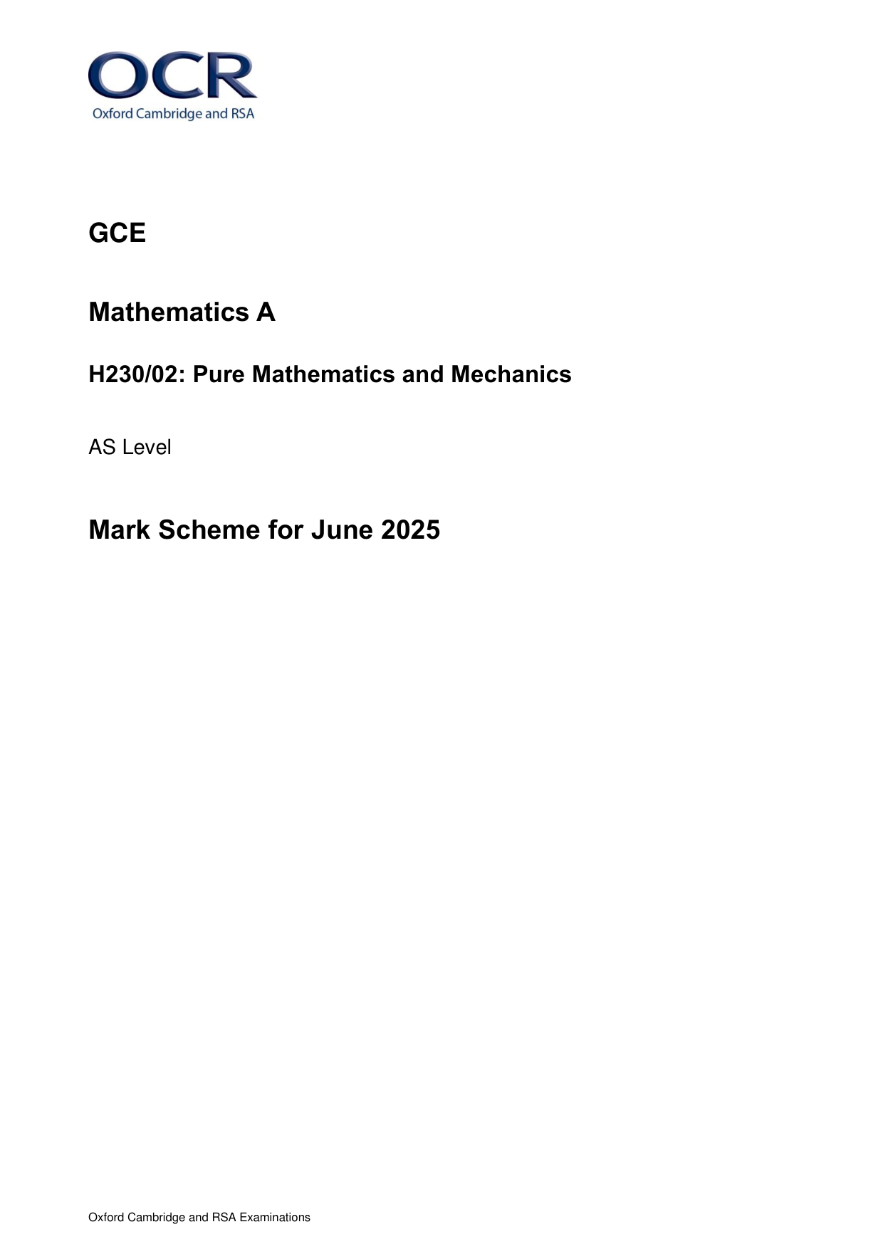 OCR AS Mathematics A Paper 2 2025 Mark Scheme