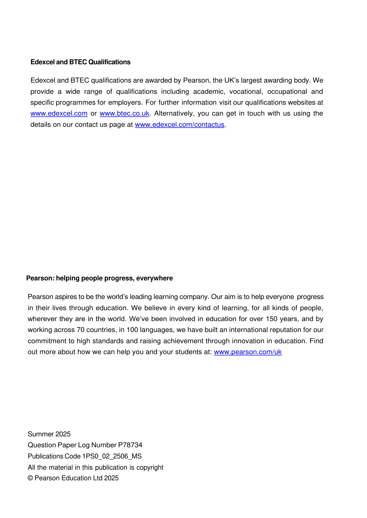 Pearson Edexcel GCSE Psychology Paper 2 2025 Mark Scheme