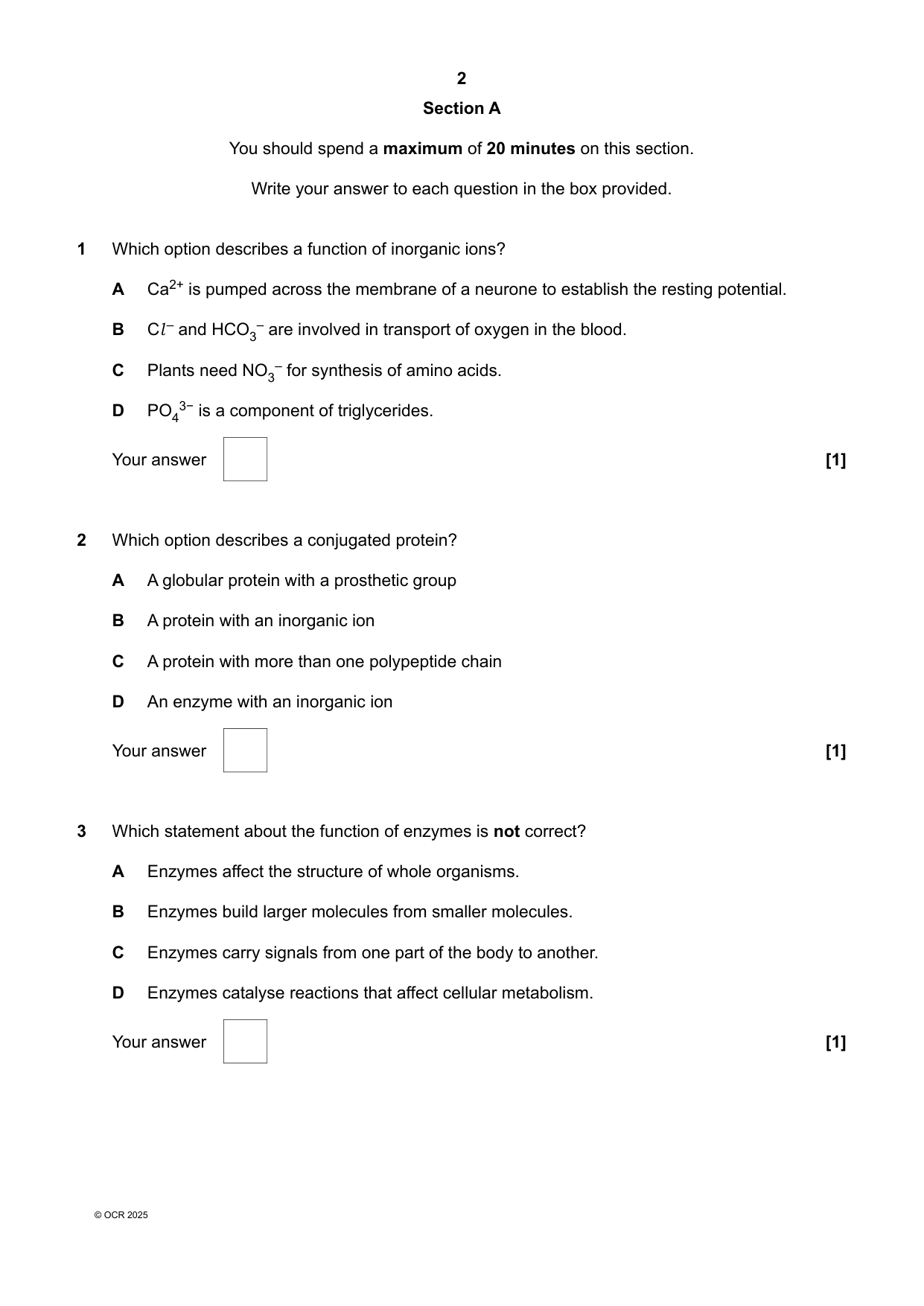OCR A Level Biology A Paper 1 2025 Question Paper