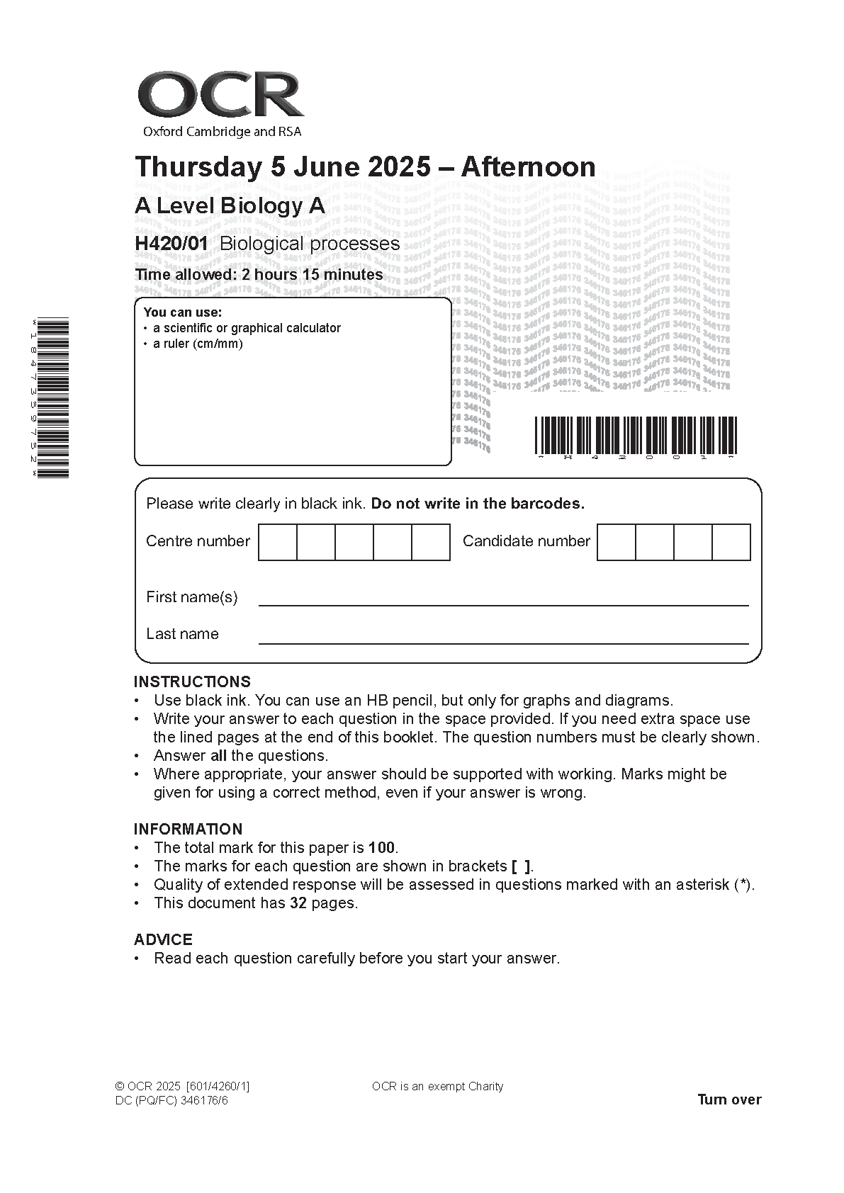 OCR A Level Biology A Paper 1 2025 Question Paper