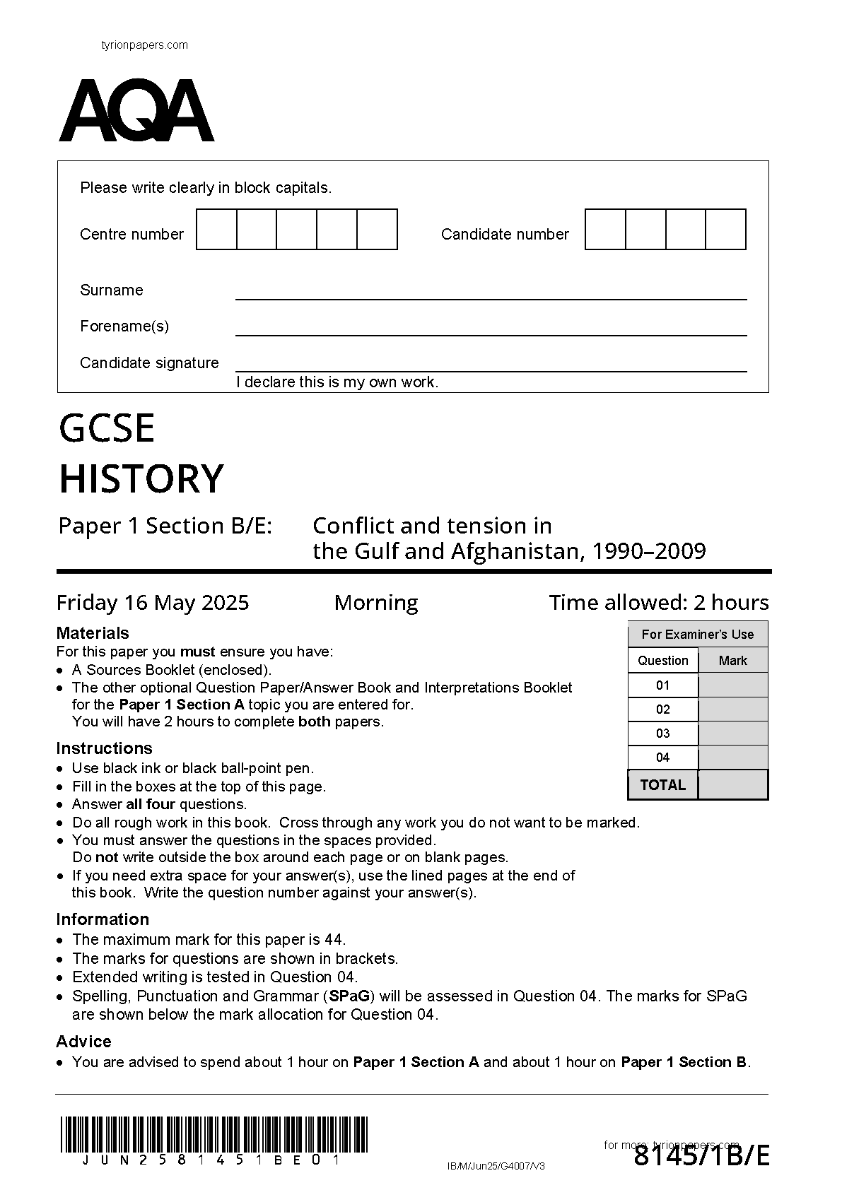 AQA GCSE History Paper 1B Section B/E 2025 Question Paper IMG-1