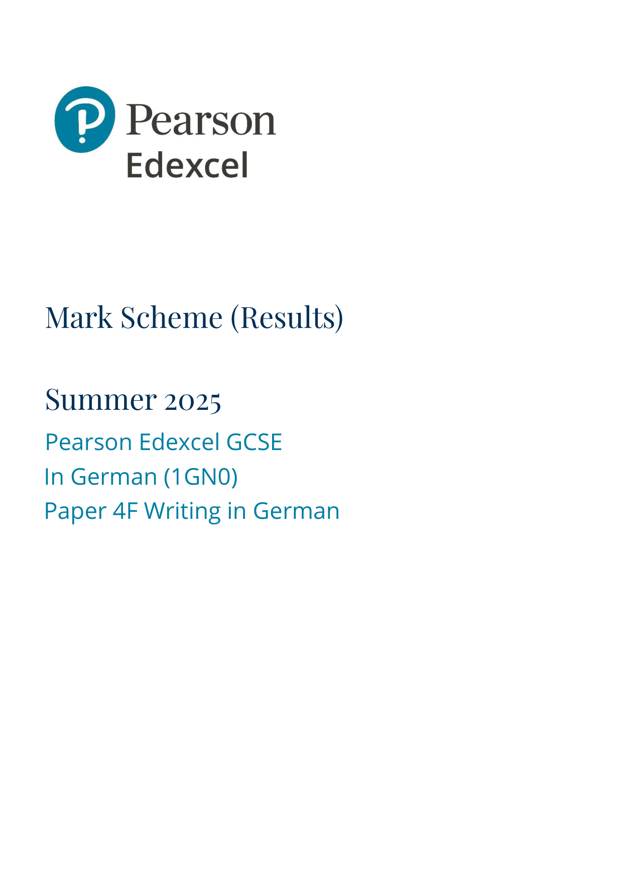 Pearson Edexcel GCSE German Paper 4F 2025 Mark Scheme PDF