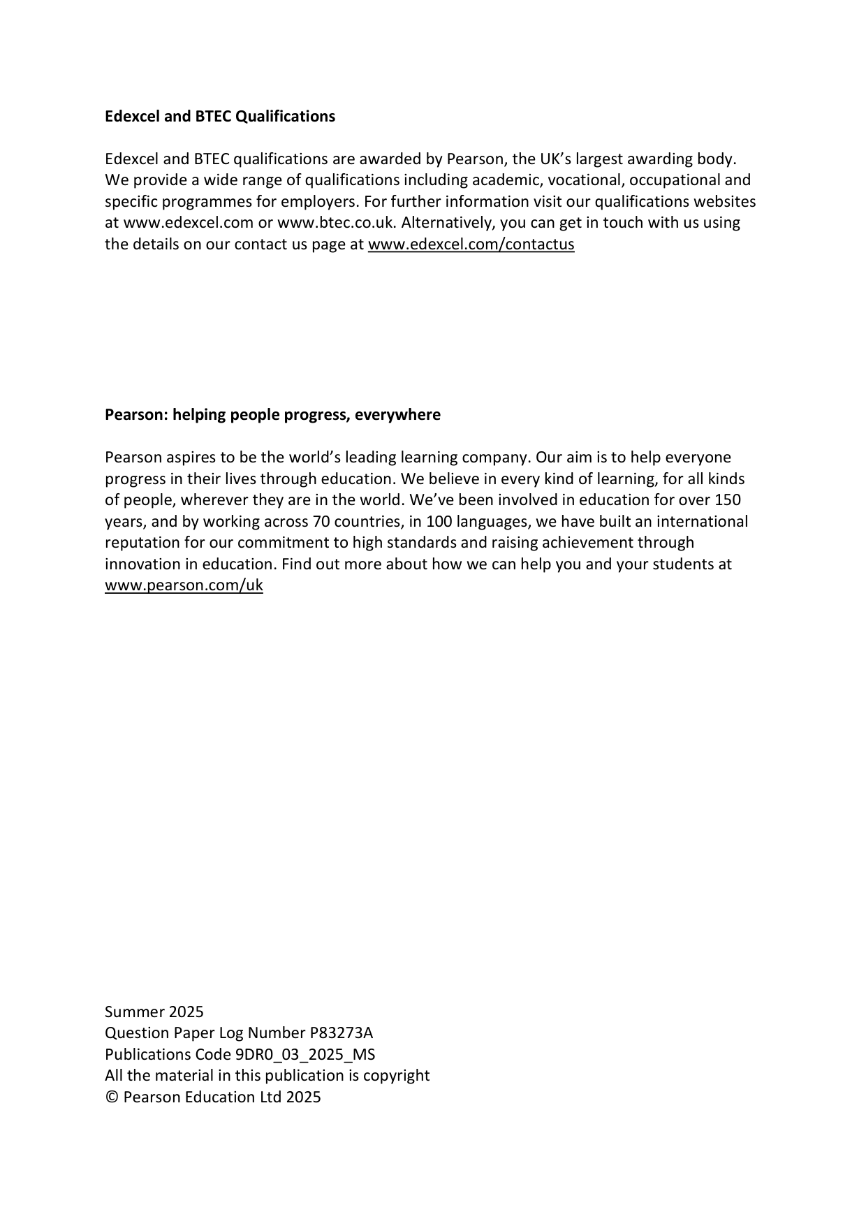 Pearson Edexcel A Level Drama and Theatre Paper 3 2025 Ms