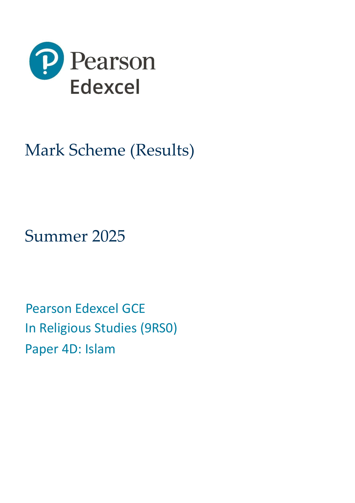 Pearson Edexcel A Level Religious Studies Paper 4D 2025 Ms