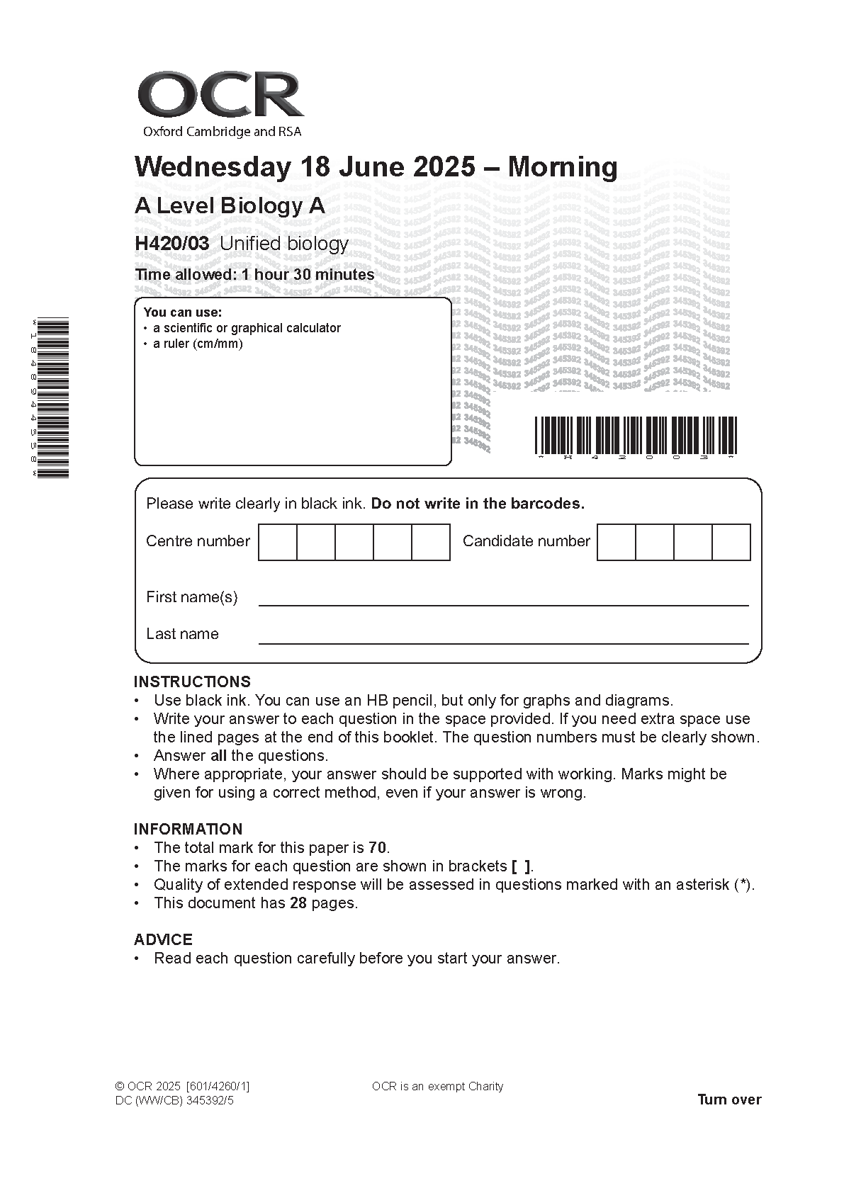 OCR A Level Biology A Paper 3 2025 Question Paper