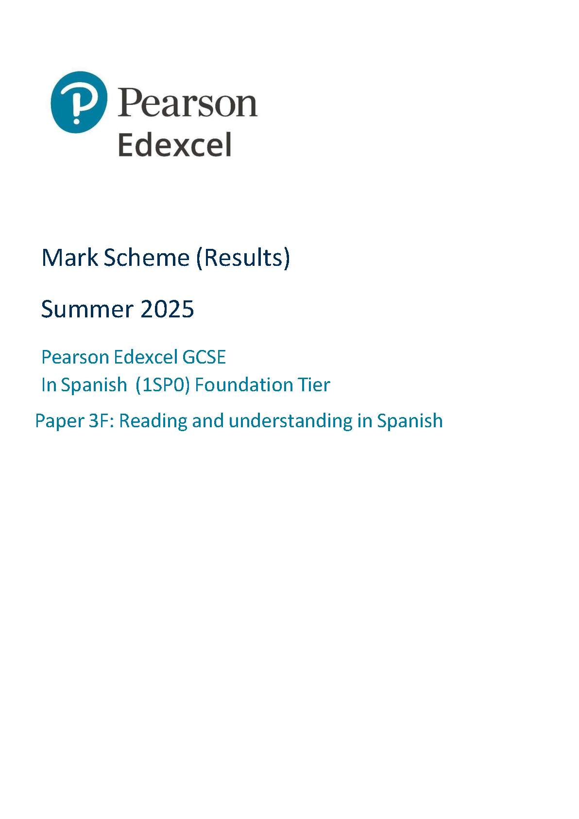 Pearson Edexcel GCSE Spanish Paper 3F 2025 Mark Scheme IMG-1