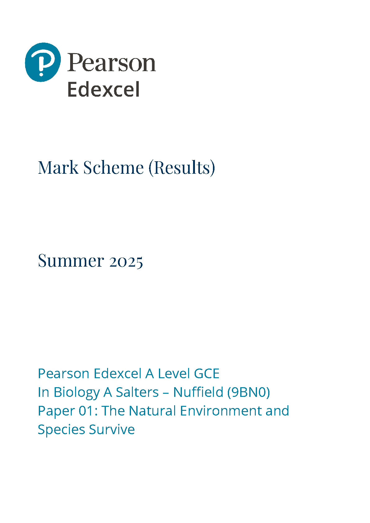 Pearson Edexcel A Level Biology Paper 1 2025 mark scheme IMG-1
