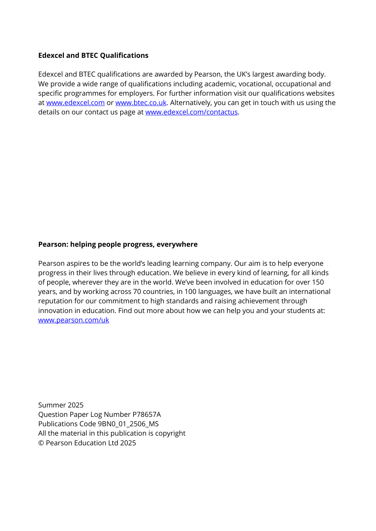 Pearson Edexcel A Level Biology Paper 1 2025 mark scheme