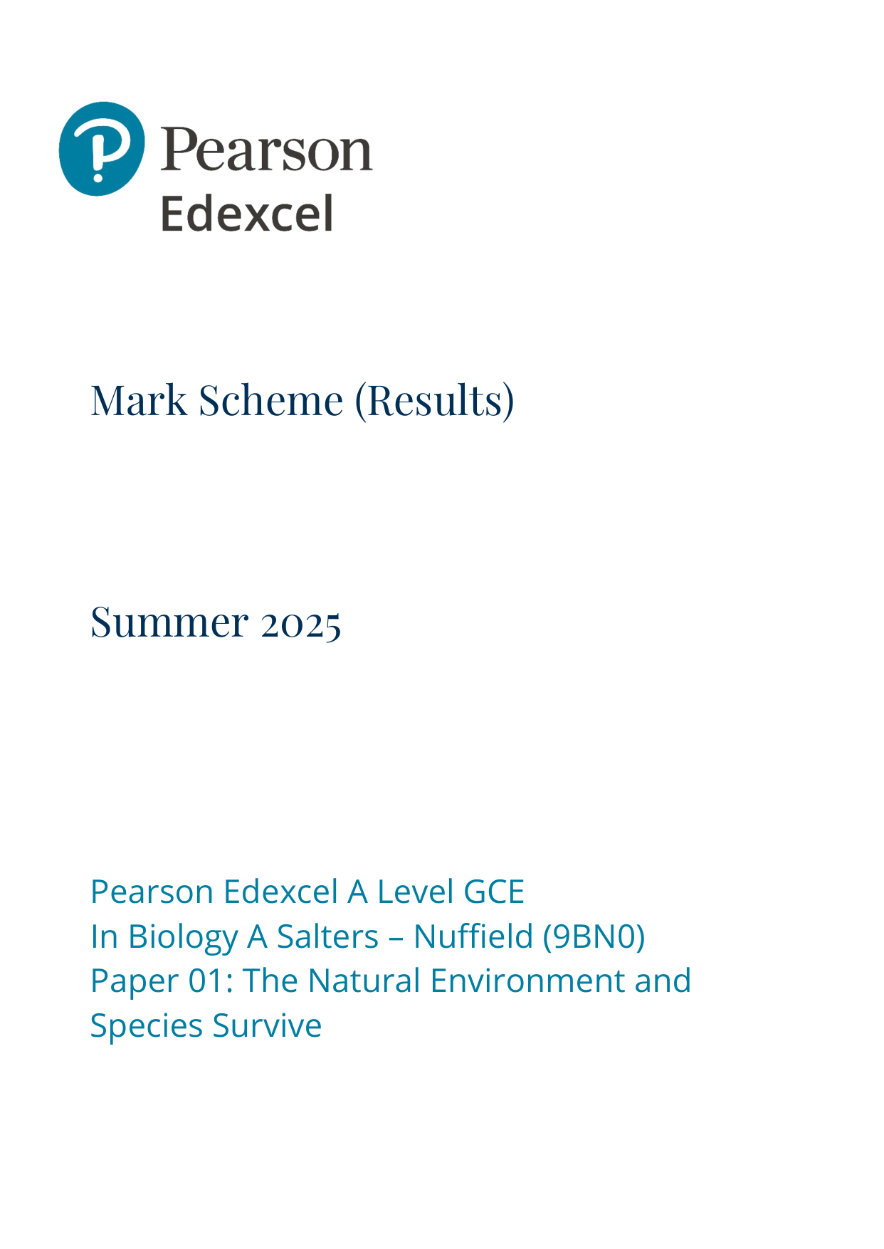 Pearson Edexcel A Level Biology Paper 1 2025 mark scheme