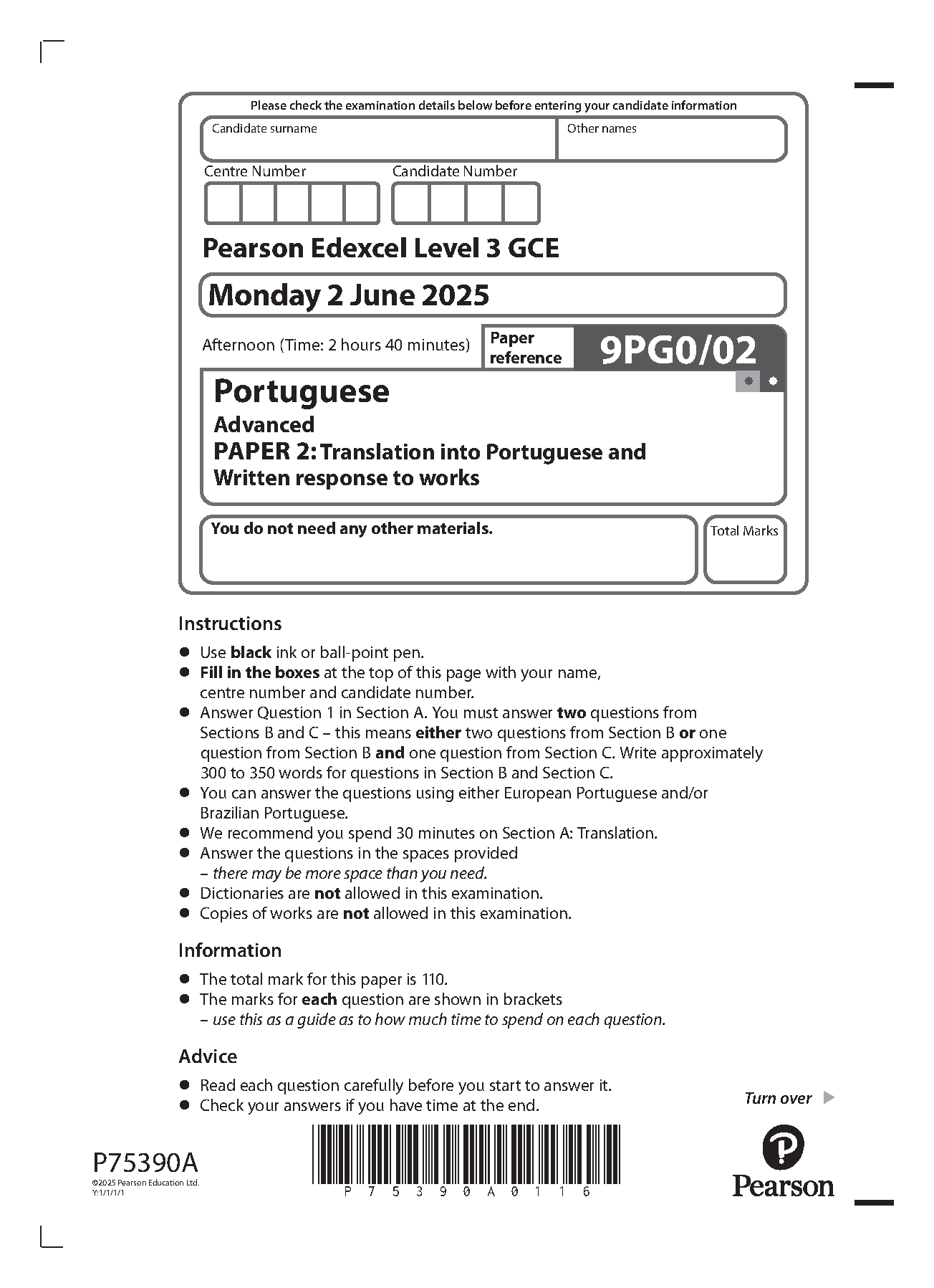Pearson Edexcel A Level Portuguese 2025 Paper 2 QP IMG-1