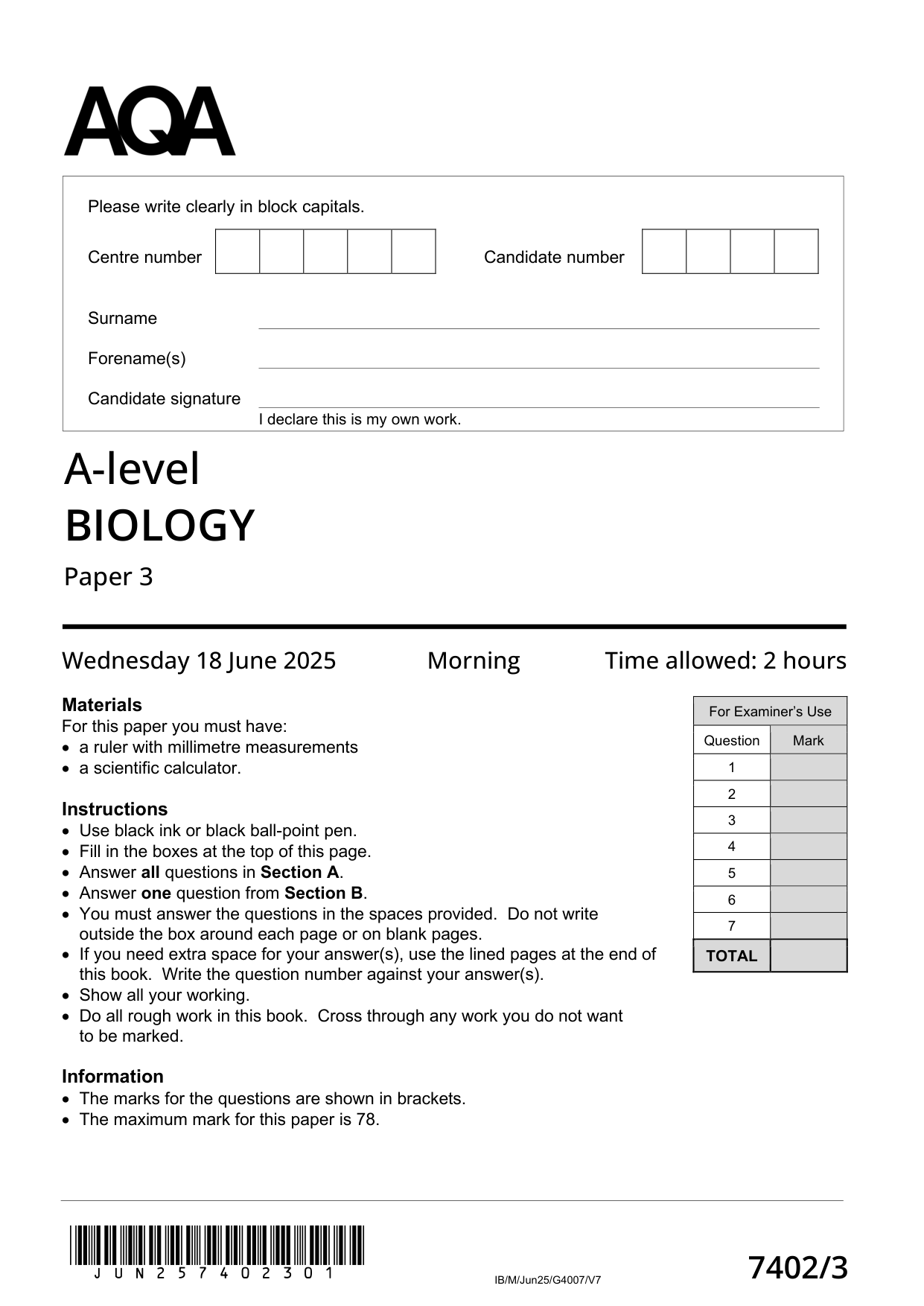 AQA A Level Biology Paper 3 2025 Question Paper PDF