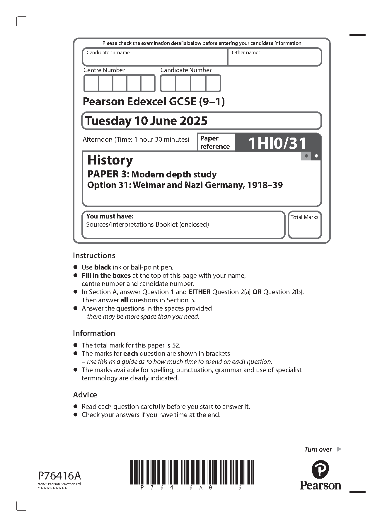 Pearson Edexcel GCSE History Paper 3 Option 31 2025 QP IMG-1