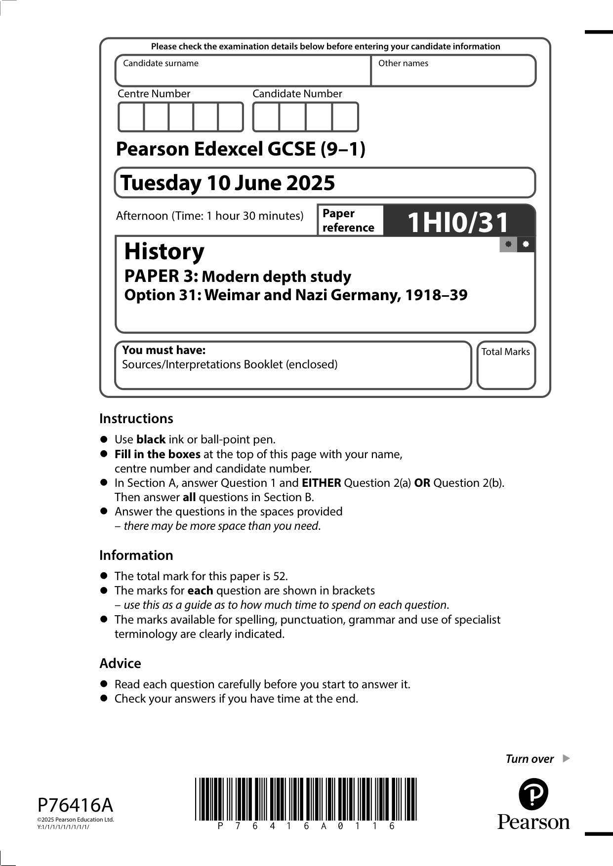 Pearson Edexcel GCSE History Paper 3 Option 31 2025 QP