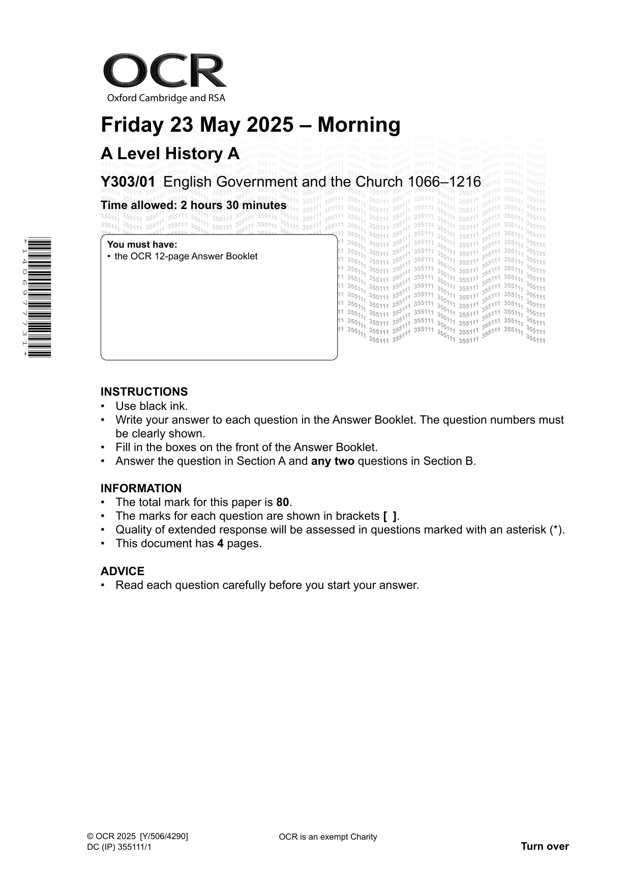 OCR A Level History A English Government Church 2025 QP