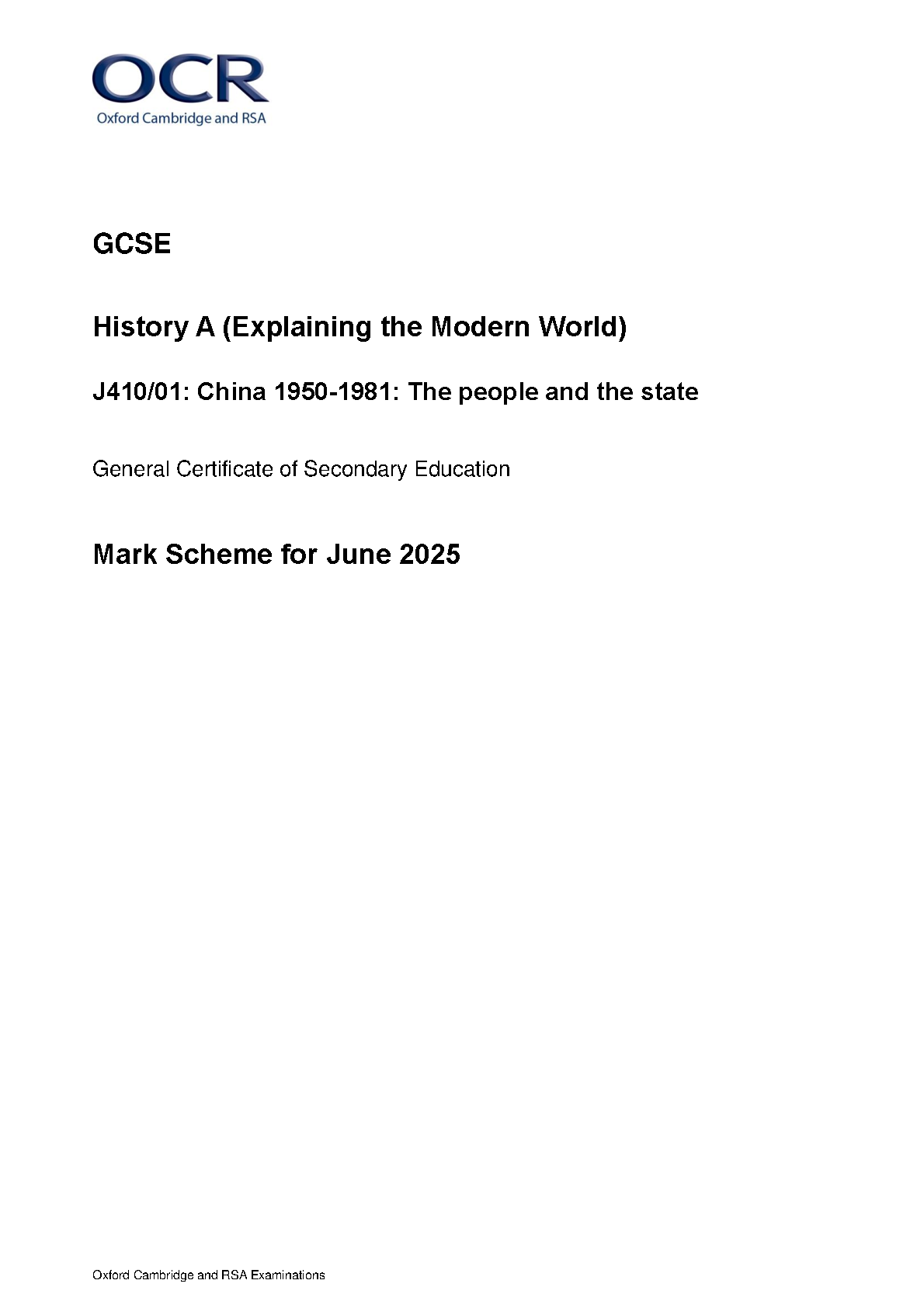 OCR GCSE History A Paper 1  2025 Mark Scheme