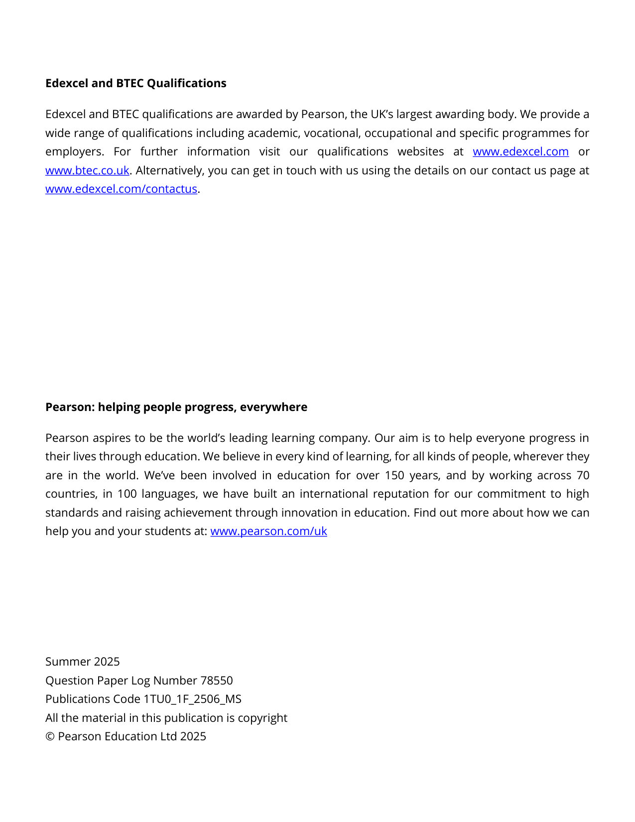 Pearson Edexcel GCSE Turkish Paper 1F 2025 Mark Scheme