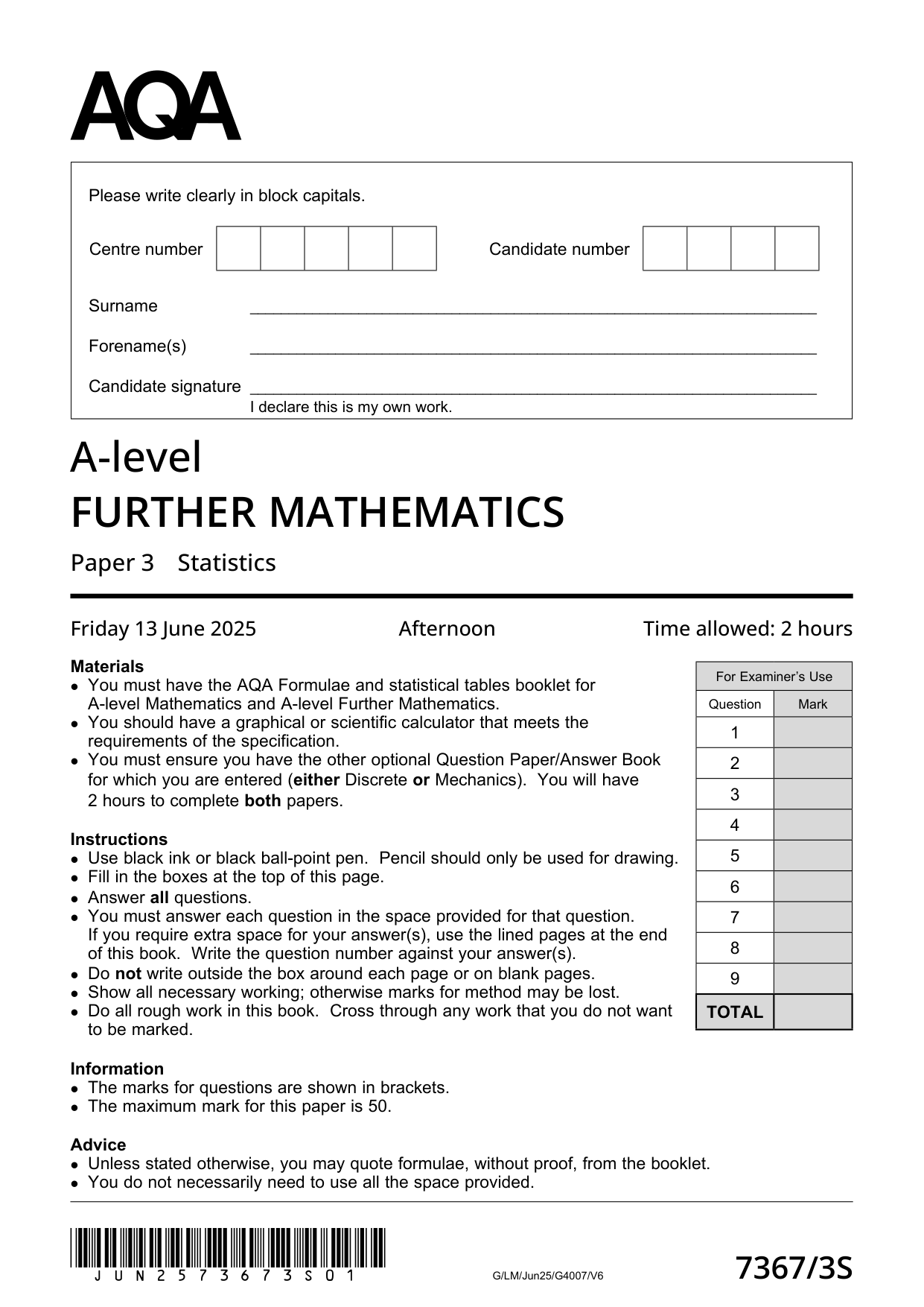 AQA Further Mathematics Paper 3S 2025 Question Paper PDF