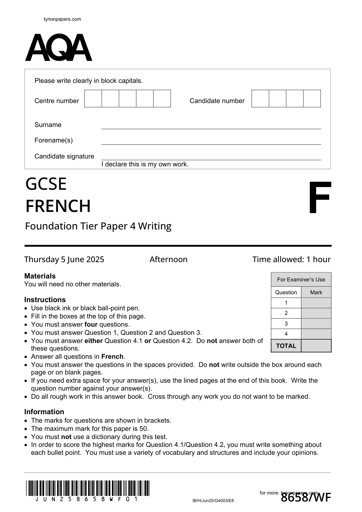 AQA GCSE French Writing Paper 2025 Foundation PDF