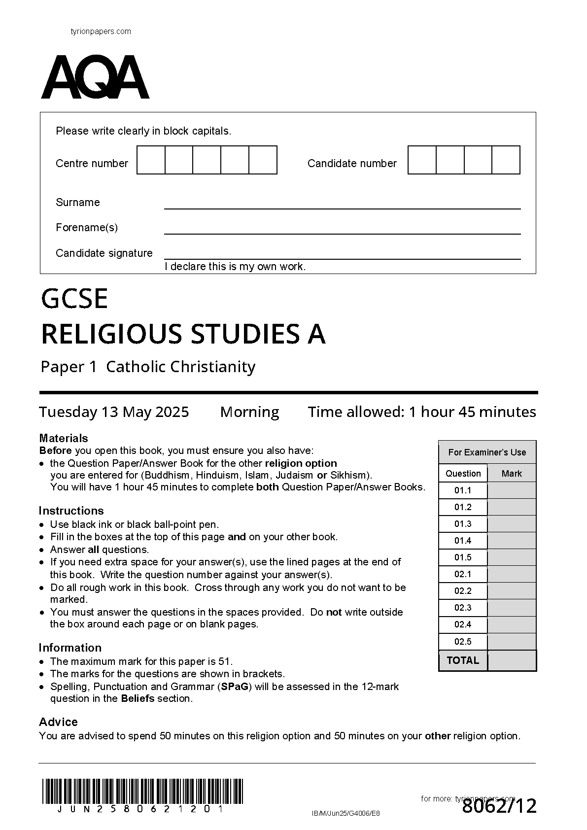 AQA GCSE Religious Studies A Paper 1 2025 Catholic QP IMG-1