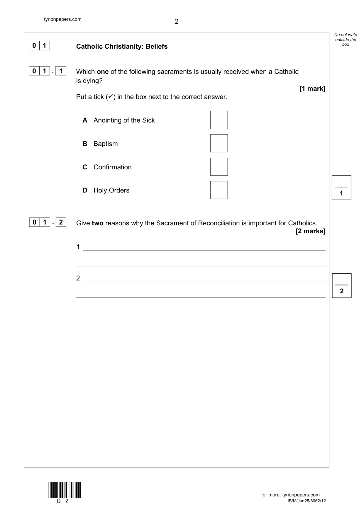 AQA GCSE Religious Studies A Paper 1 2025 Catholic QP