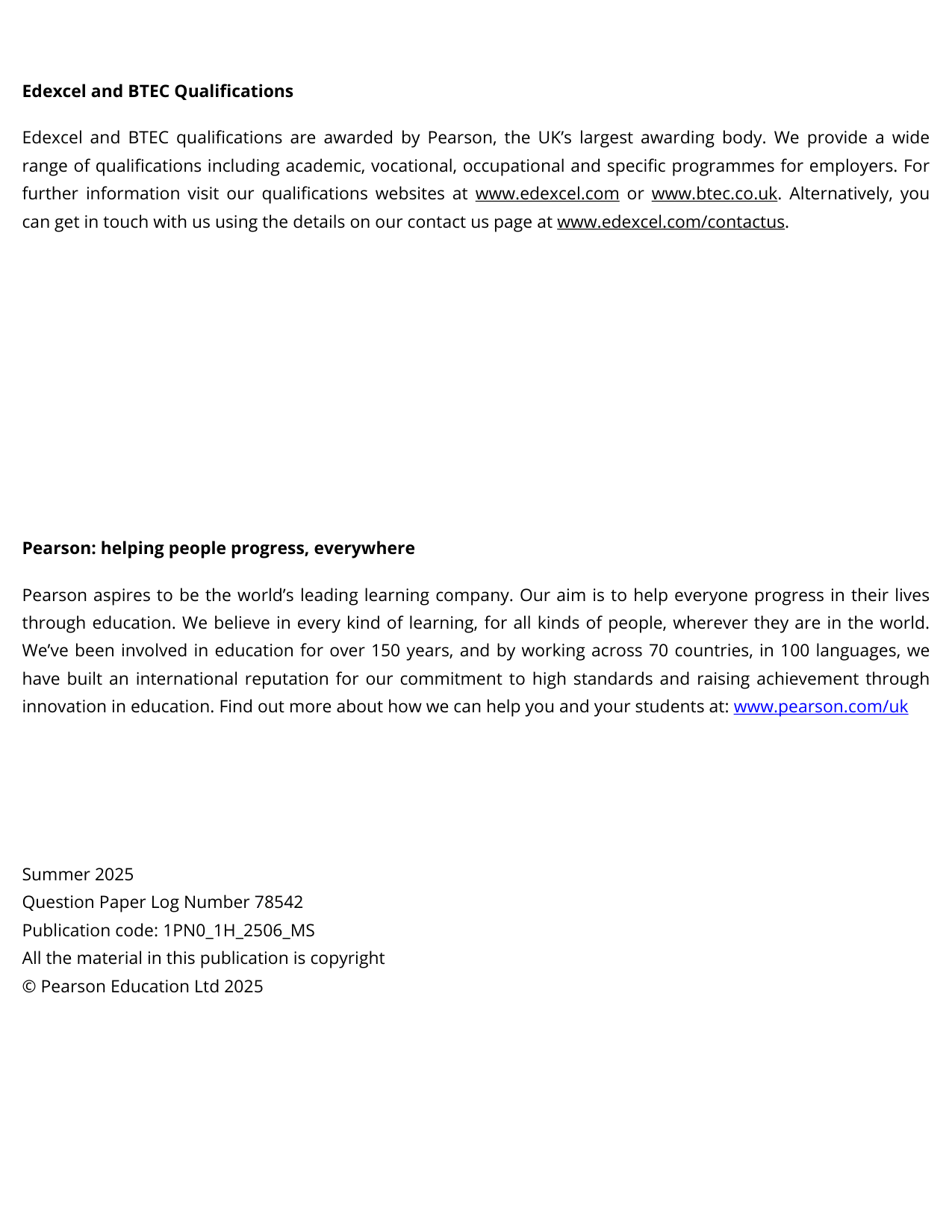 Pearson Edexcel GCSE Persian Paper 1H 2025 Mark Scheme