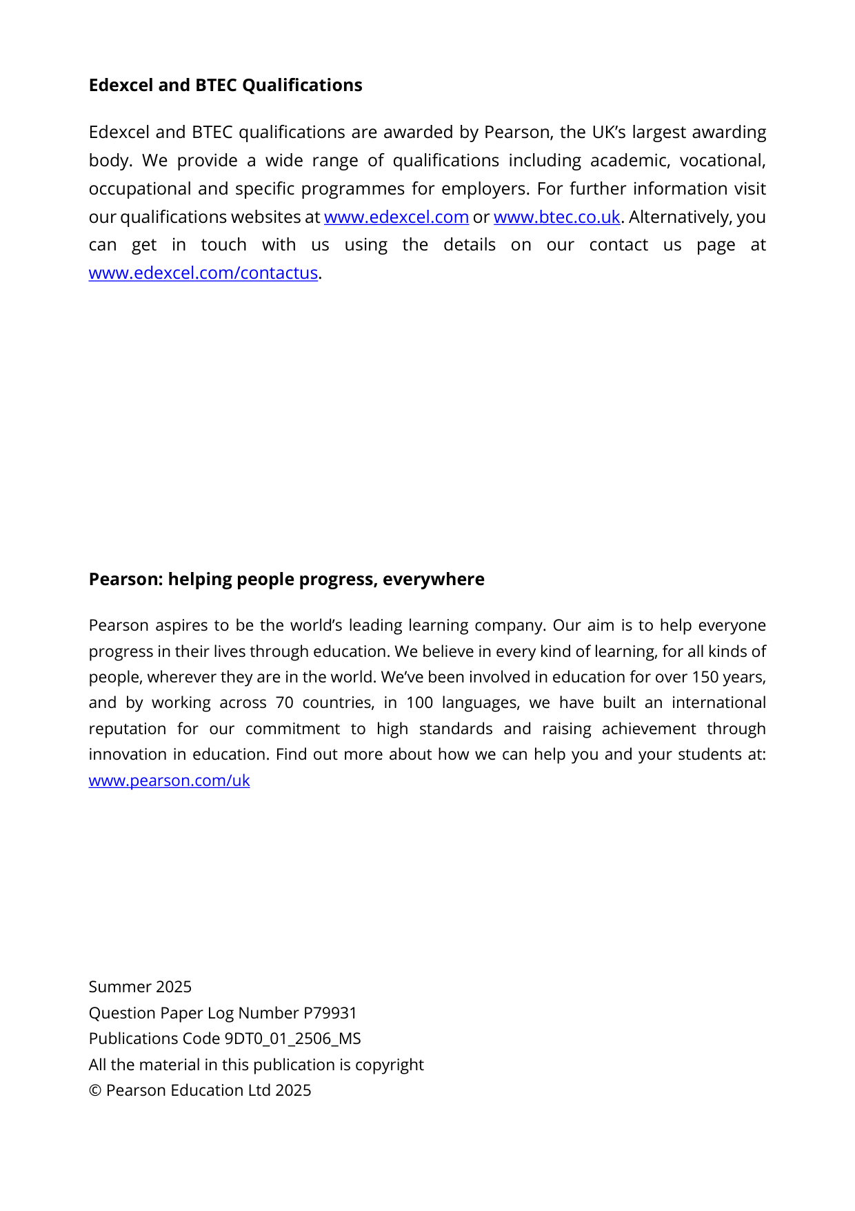Pearson Edexcel A Level Design and Technology Paper 1 Ms