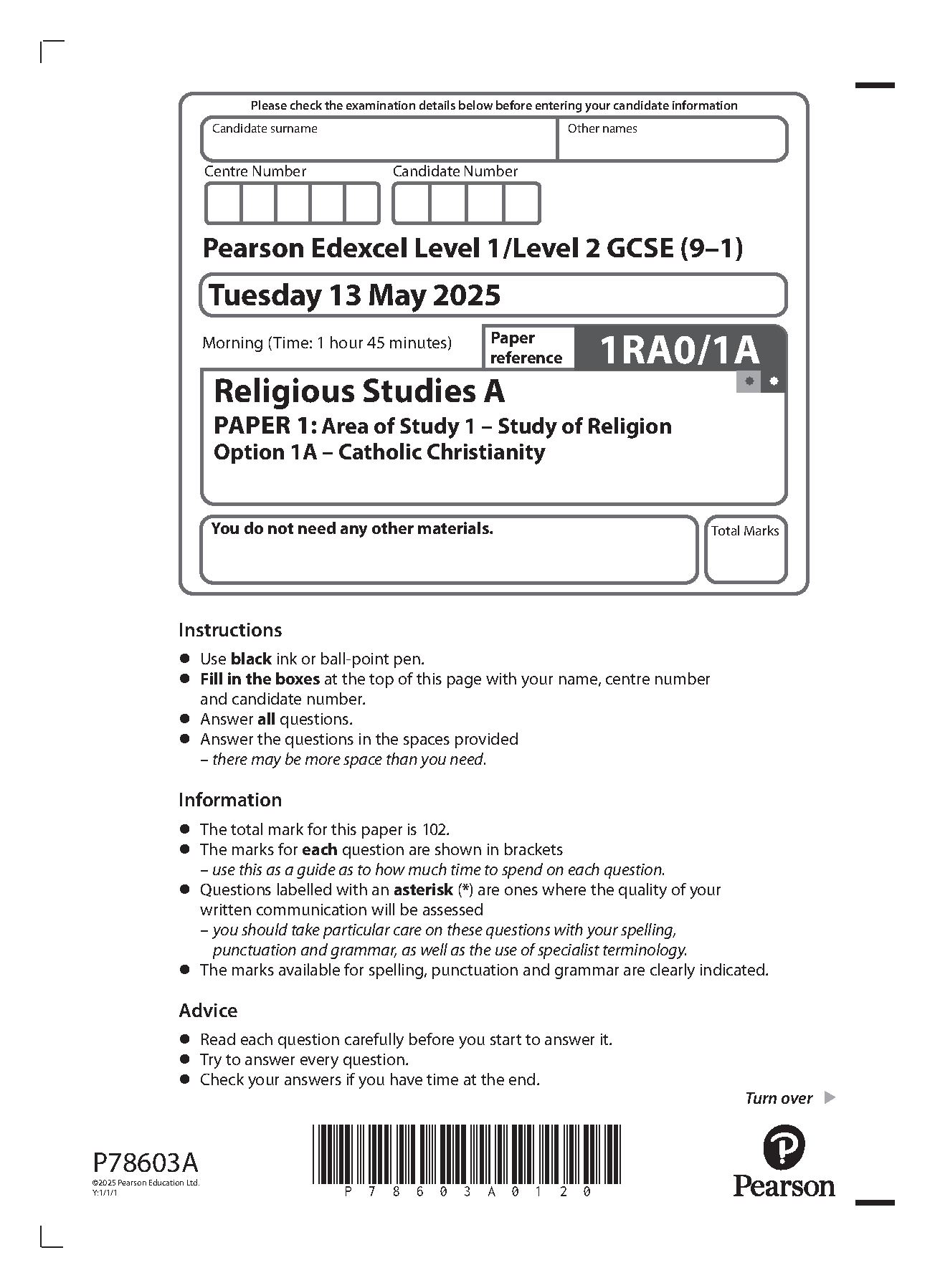 Pearson Edexcel GCSE Religious Studies Paper 1A 2025 QP IMG-1