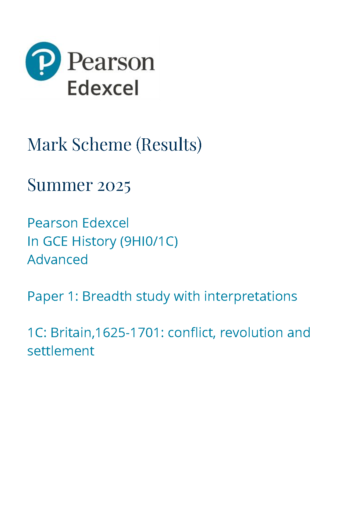 Pearson Edexcel A Level History Paper 1C 2025 Mark Scheme IMG-1