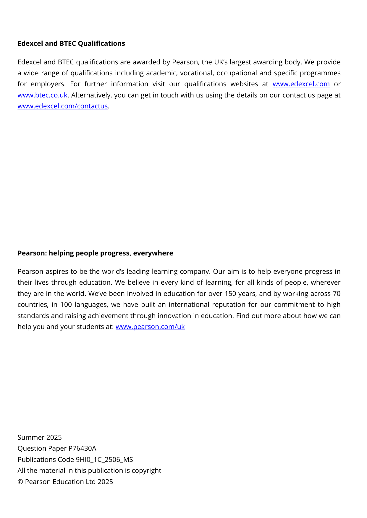 Pearson Edexcel A Level History Paper 1C 2025 Mark Scheme