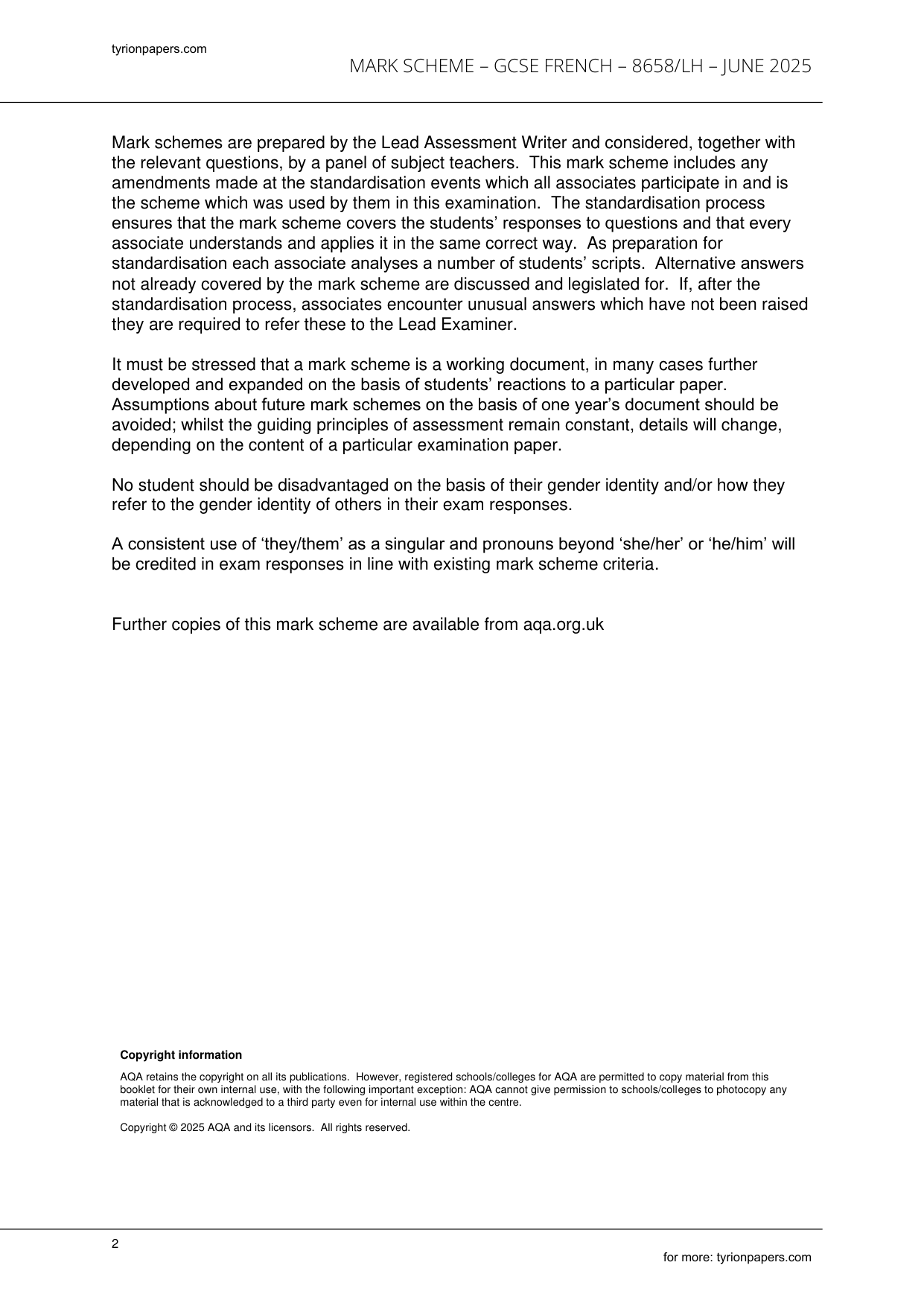 AQA GCSE French Paper 1H 2025 Mark Scheme