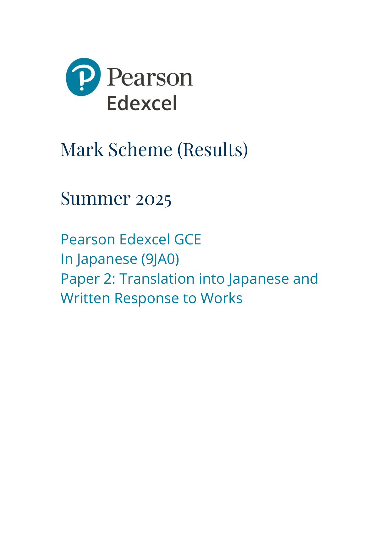 Pearson Edexcel A Level Japanese Paper 2 2025 Mark Scheme