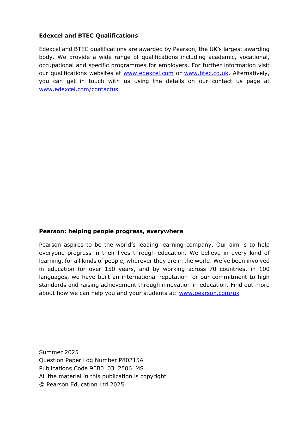 Pearson Edexcel A Level Economics B Paper 3 2025 Mark scheme