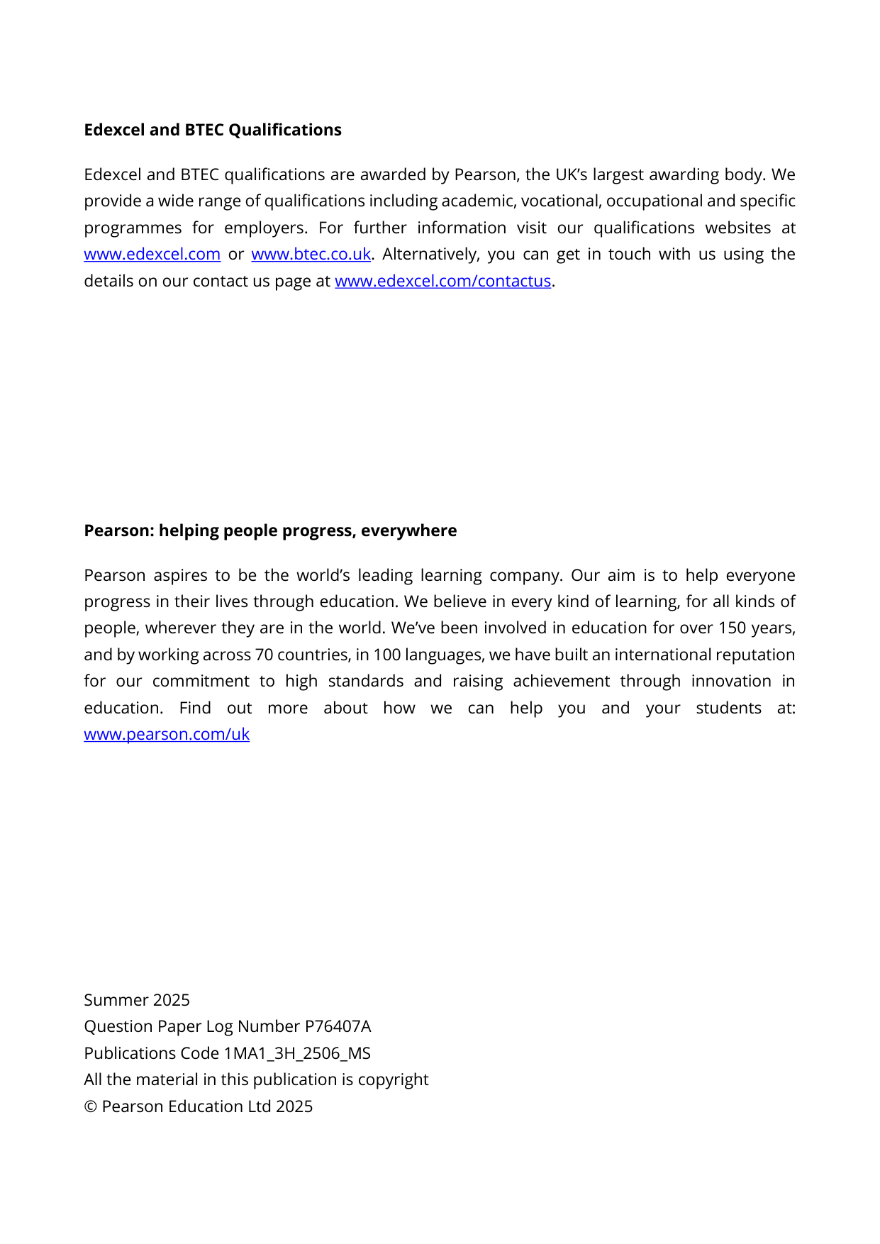 Pearson Edexcel GCSE Maths Paper 3h mark scheme 2025