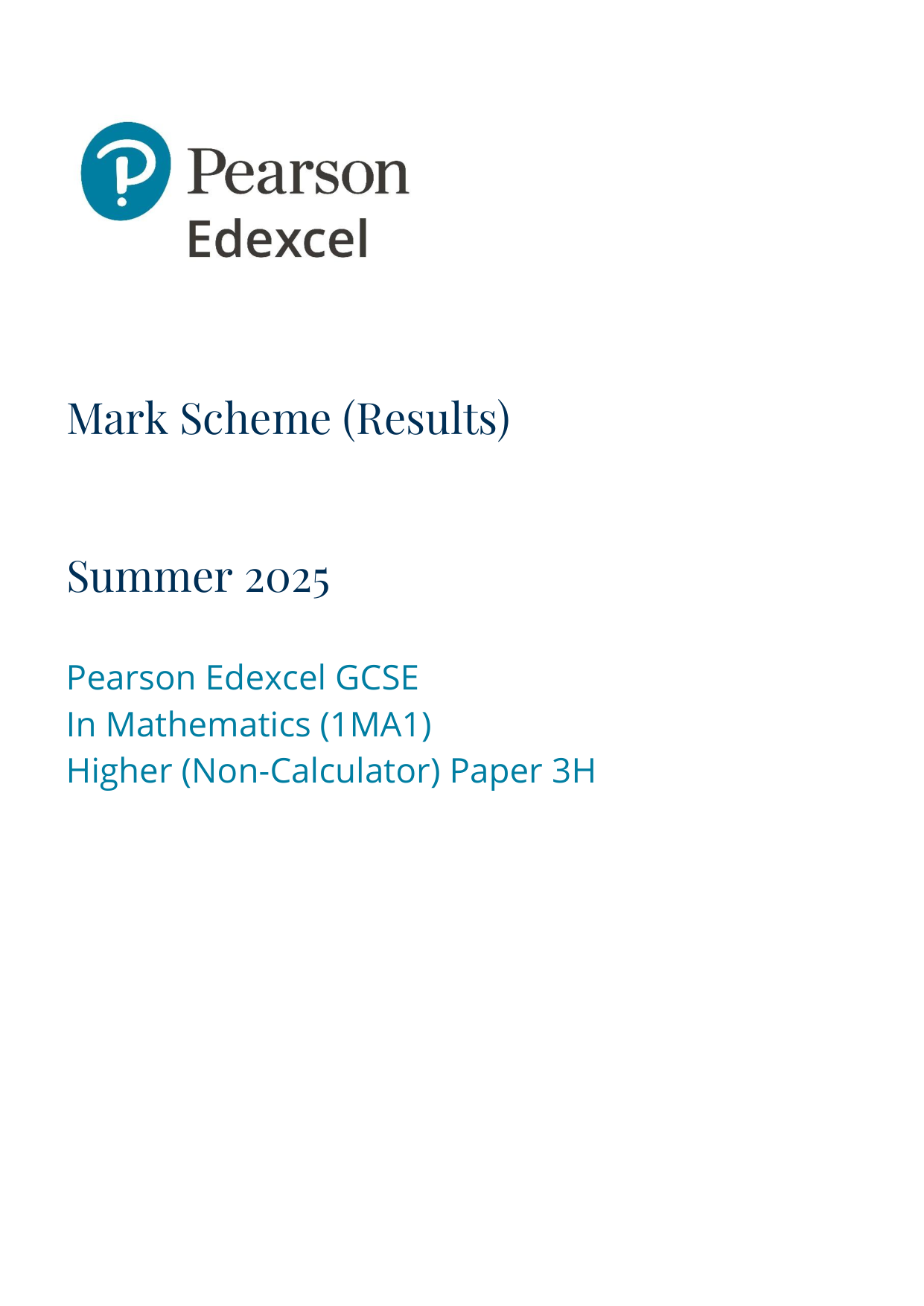 Pearson Edexcel GCSE Maths Paper 3h mark scheme 2025