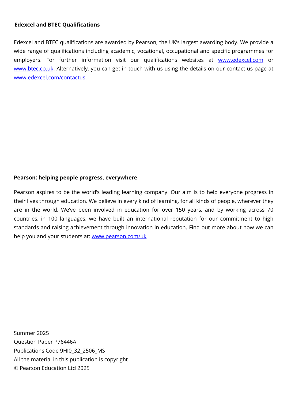 Pearson Edexcel A Level History Paper 32 2025 Mark Scheme