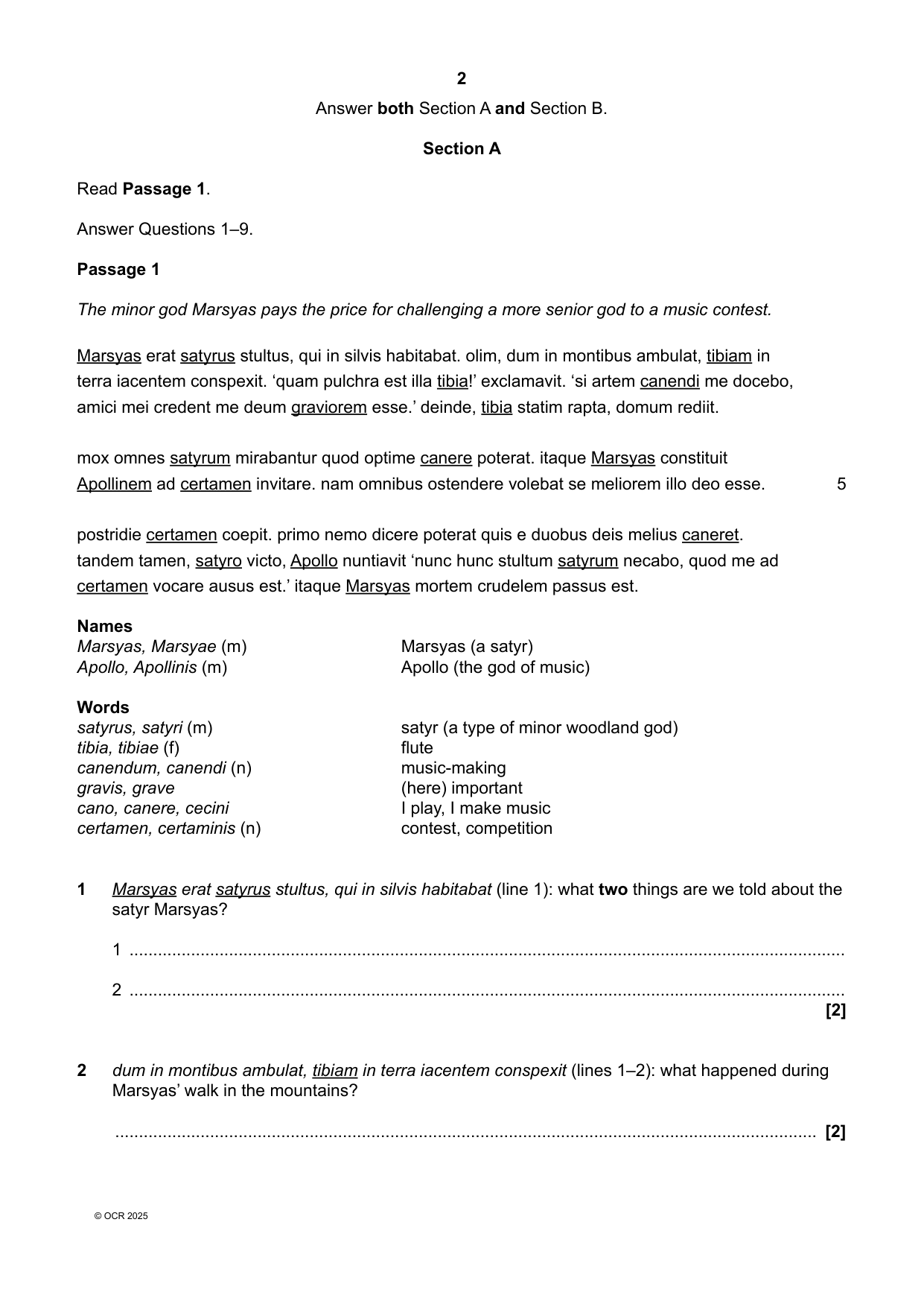 OCR GCSE Latin Paper 1 2025 Question Paper PDF