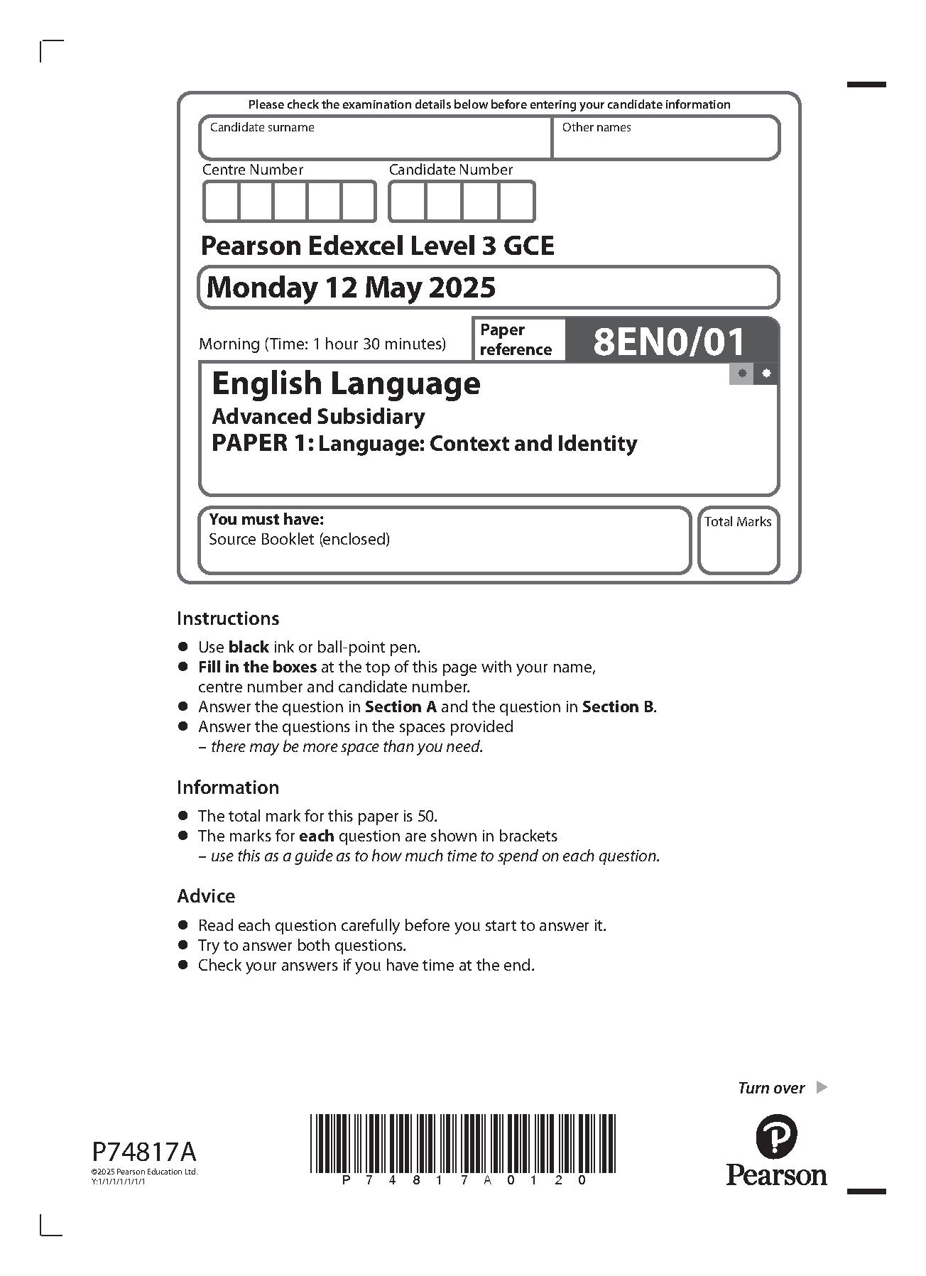 Pearson Edexcel AS English Language Paper 1 2025 QP IMG-1